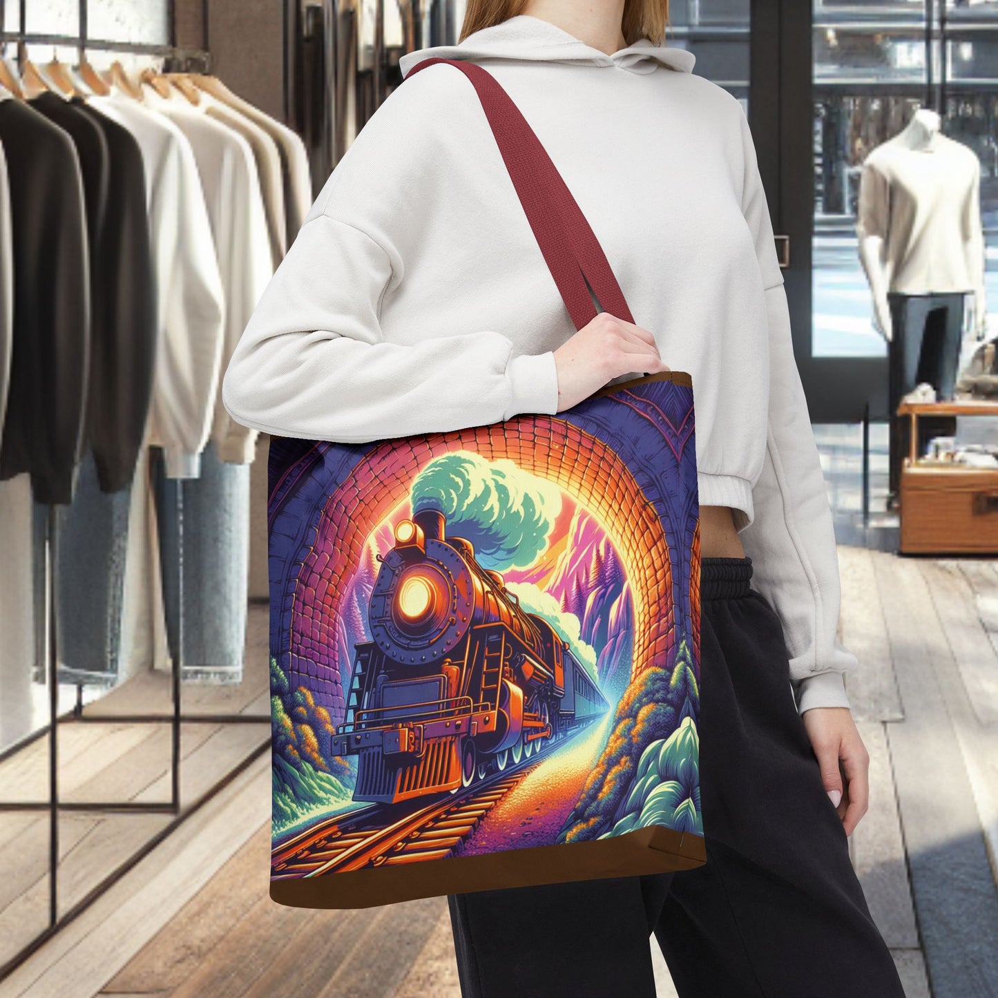 Steam Locomotive Tote Bag (AOP)- Vintage Train Tunnel Design