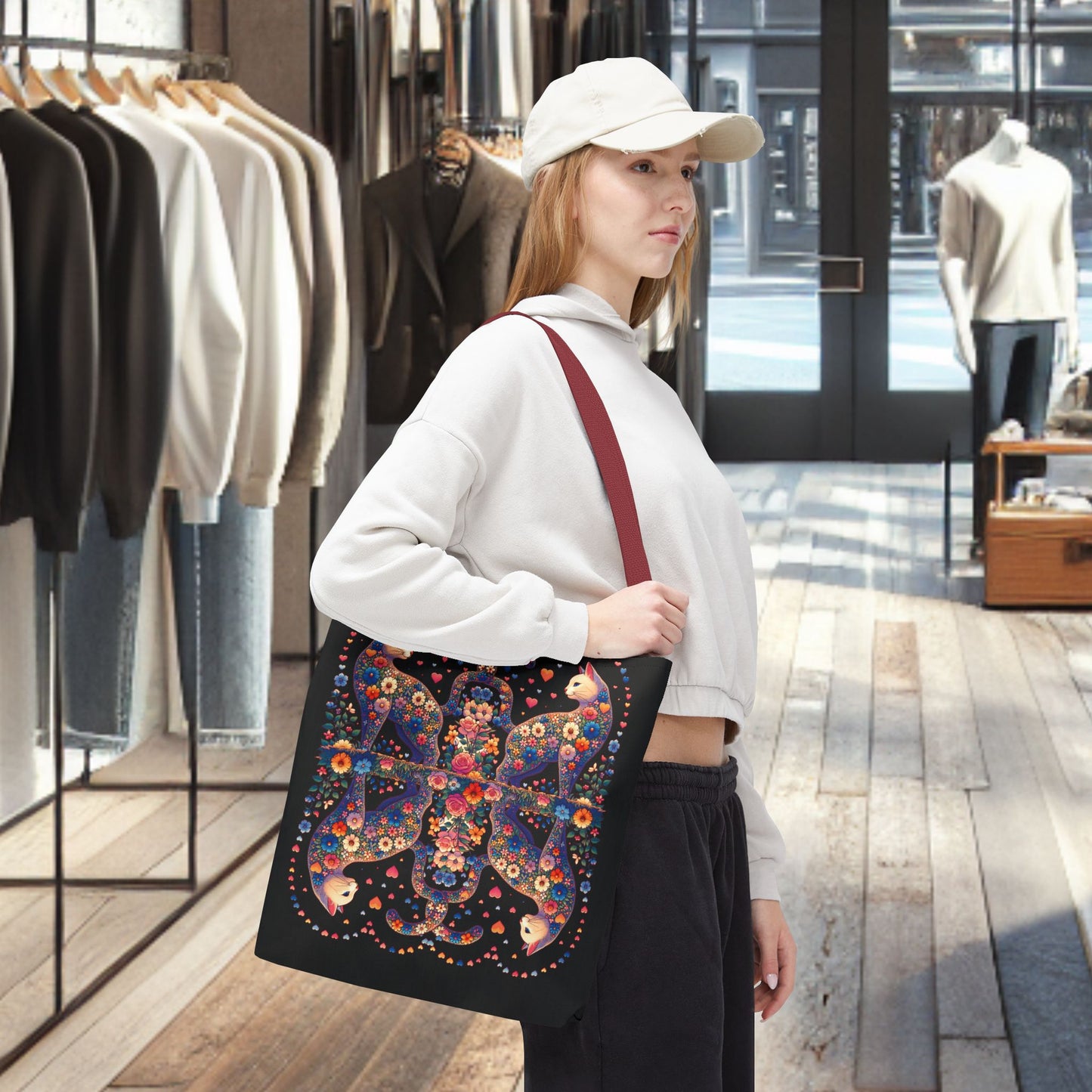 Mosaic Loving Cat Black Tote Bag (AOP)