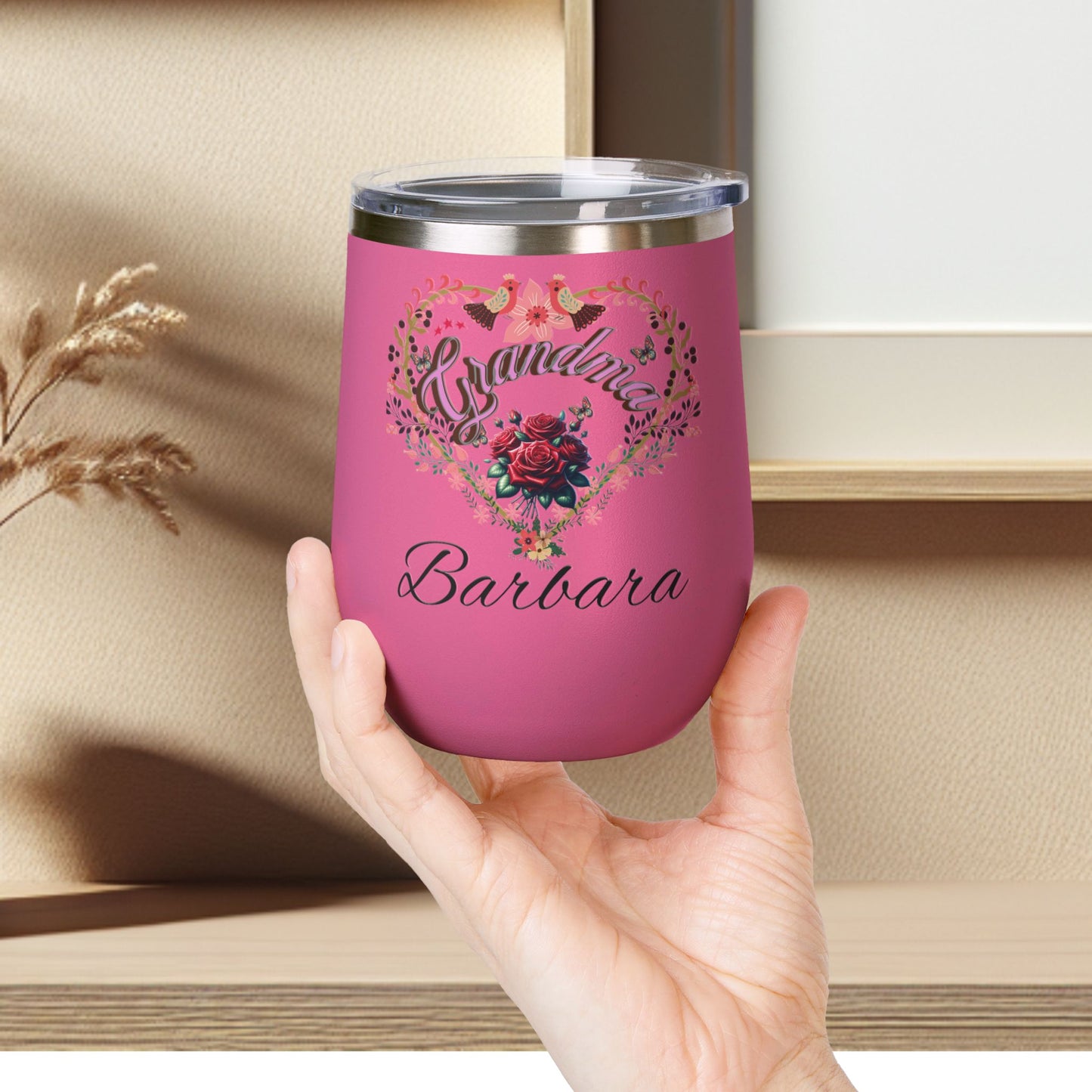 Personalized Grandma’s Wine Tumbler - 12oz Floral Heart Design