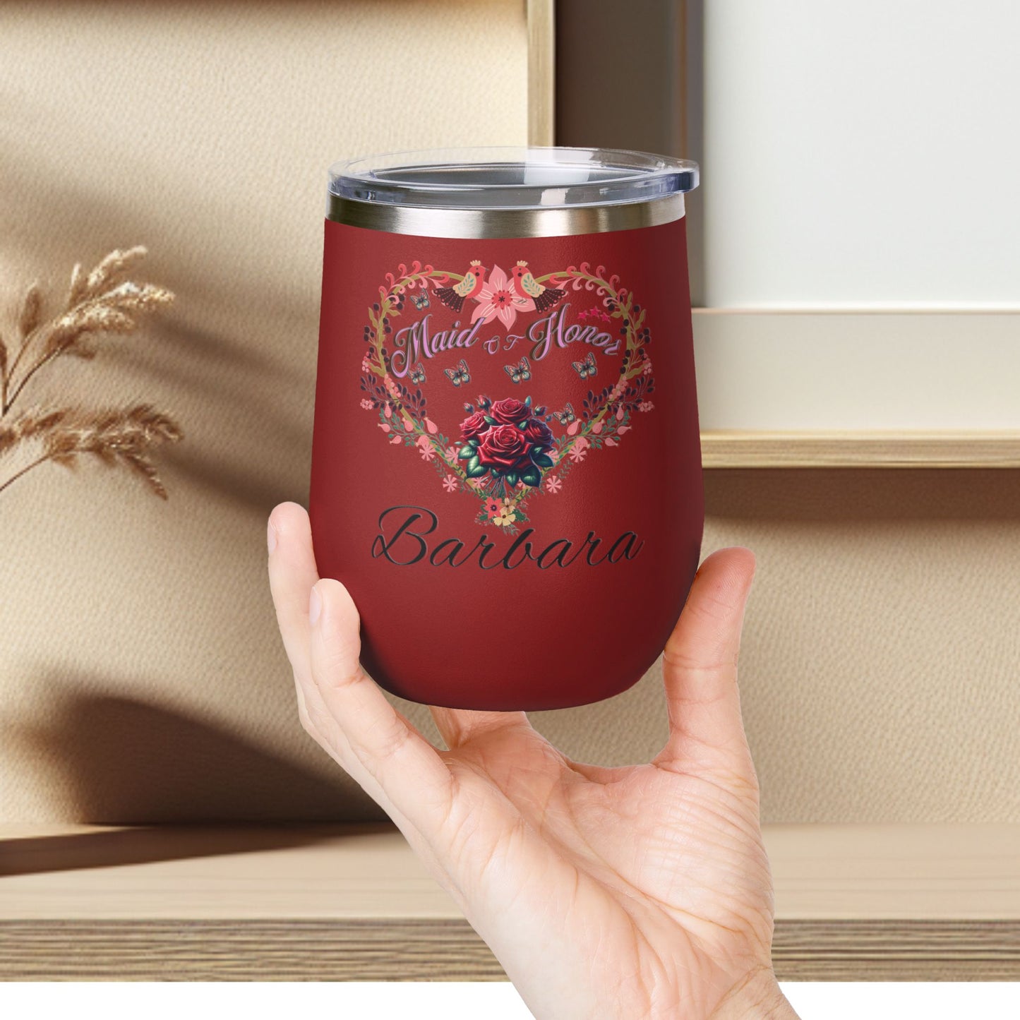 Personalized Maid of honor's Heart Floral Wine Tumbler