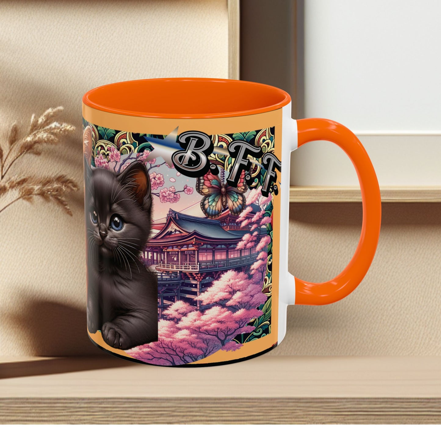 Mug - 3 B F F kittens and Butterflies Coffee Mug with Cherry Blossoms