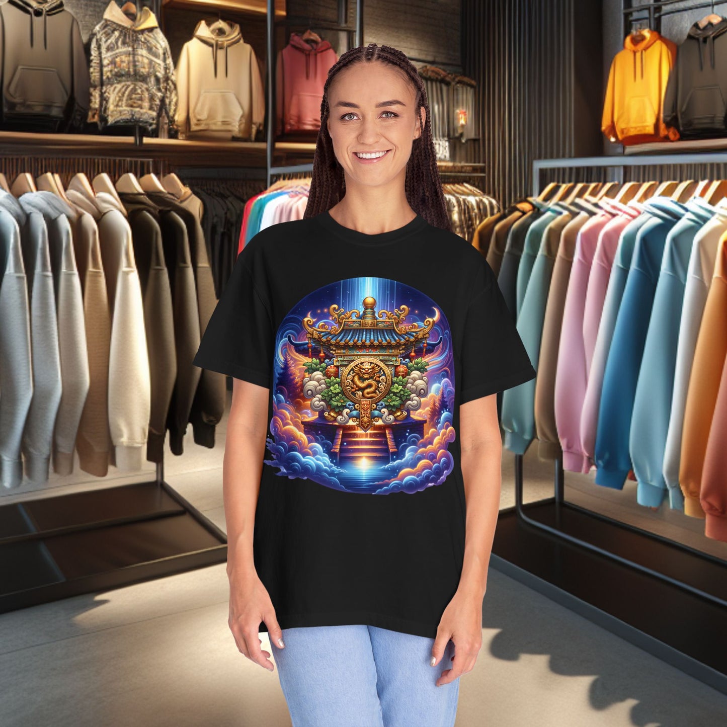 A Vibrant Mistic Temple Design -Unisex Garment-Dyed T-Shirt Perfect for Festivals & Everyday Wear