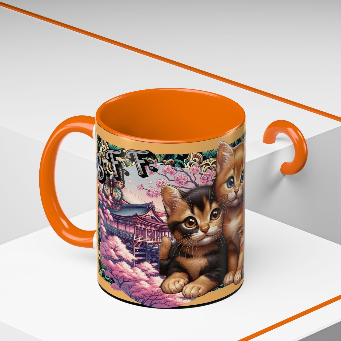 Mug - 3 B F F kittens and Butterflies Coffee Mug with Cherry Blossoms