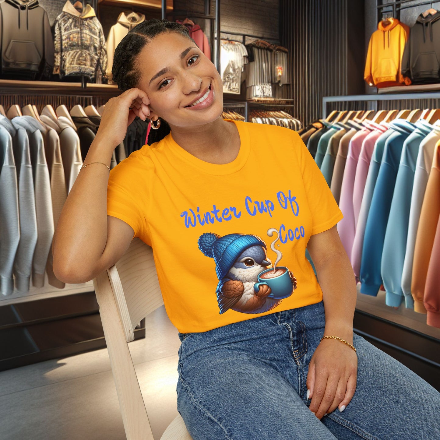 Blue Bird With a Cup Of Coco Unisex T-Shirt - Winter Coco