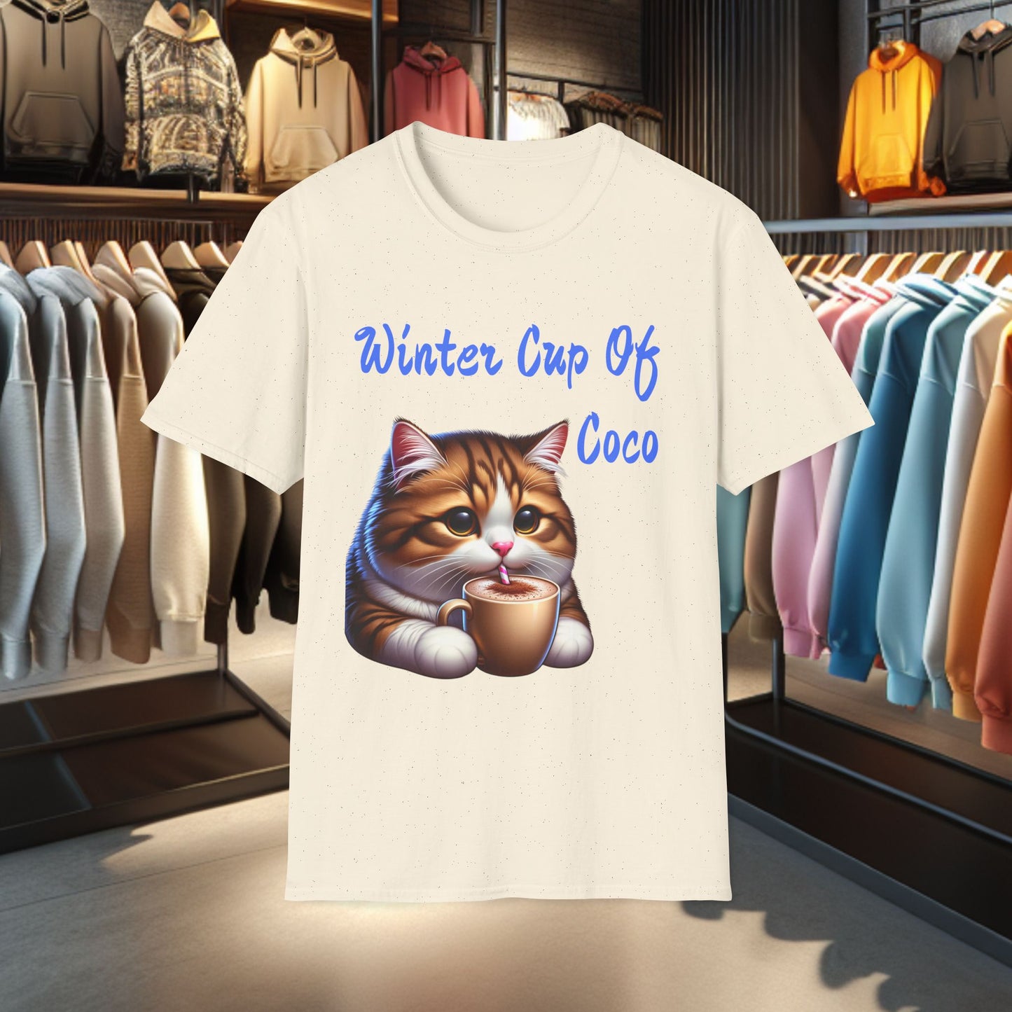 a Cat Sipping on a Cup Of Coco Unisex T-Shirt - Winter Coco