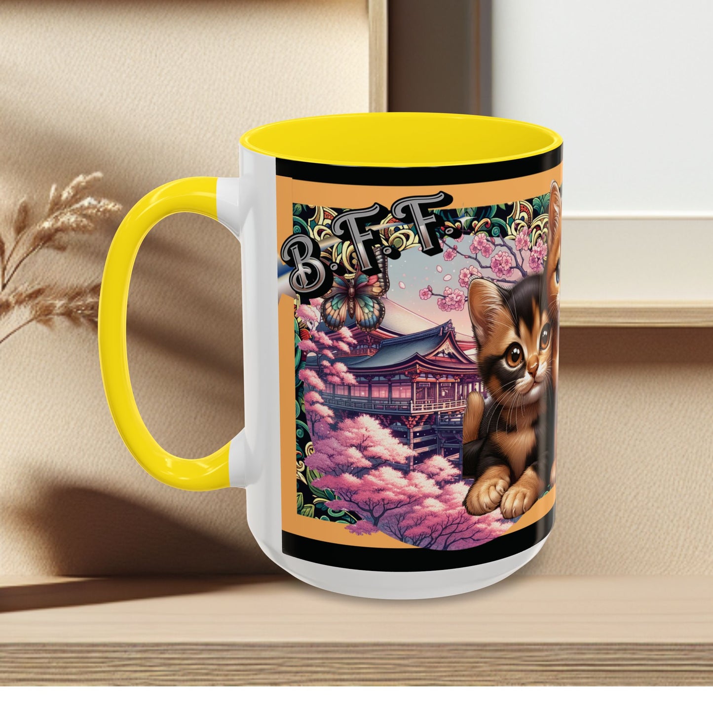 Mug - 3 B F F kittens and Butterflies Coffee Mug with Cherry Blossoms