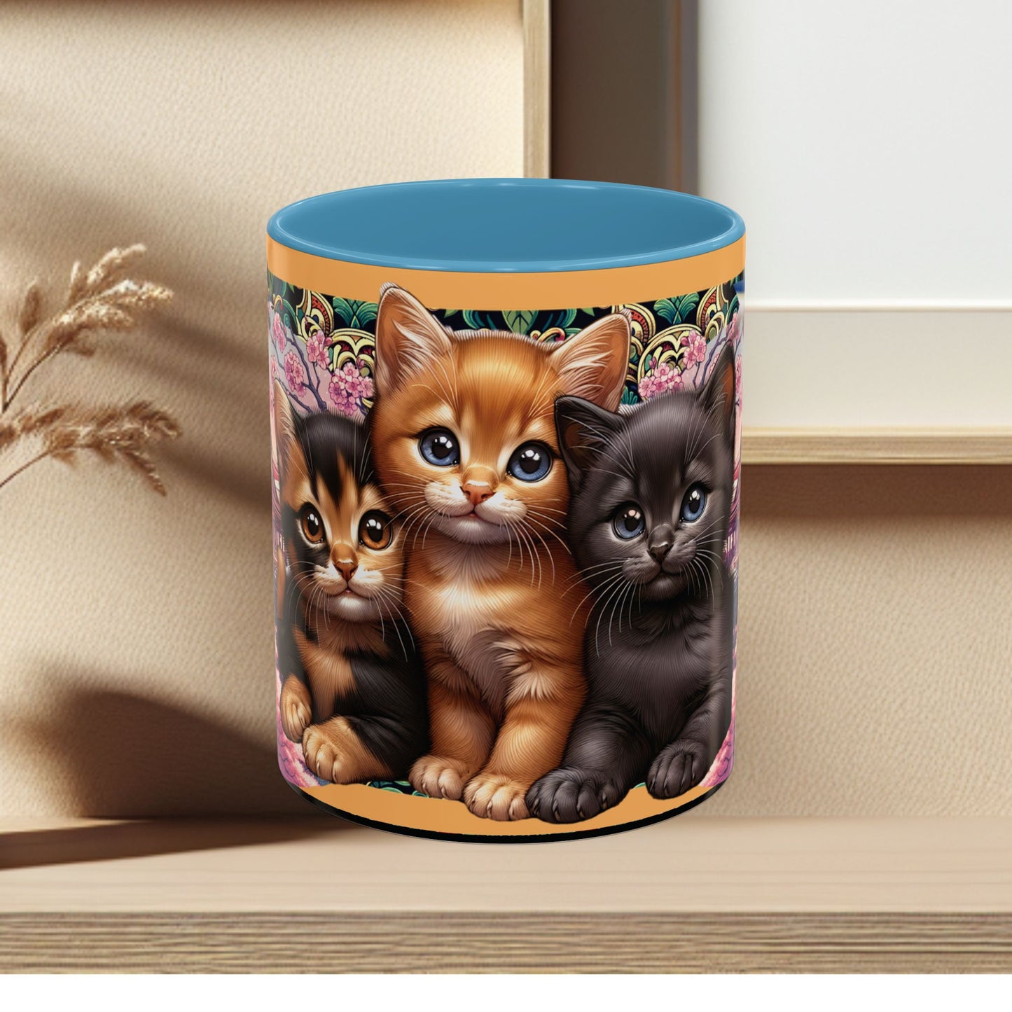 Mug - 3 B F F kittens and Butterflies Coffee Mug with Cherry Blossoms