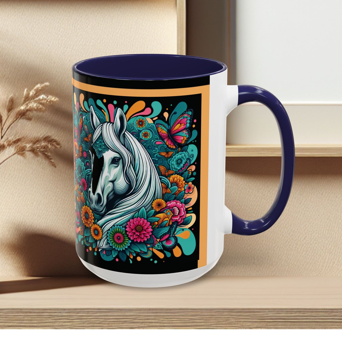 Coffee Mug White Horses with Blue Highlights in Flowers - Mug