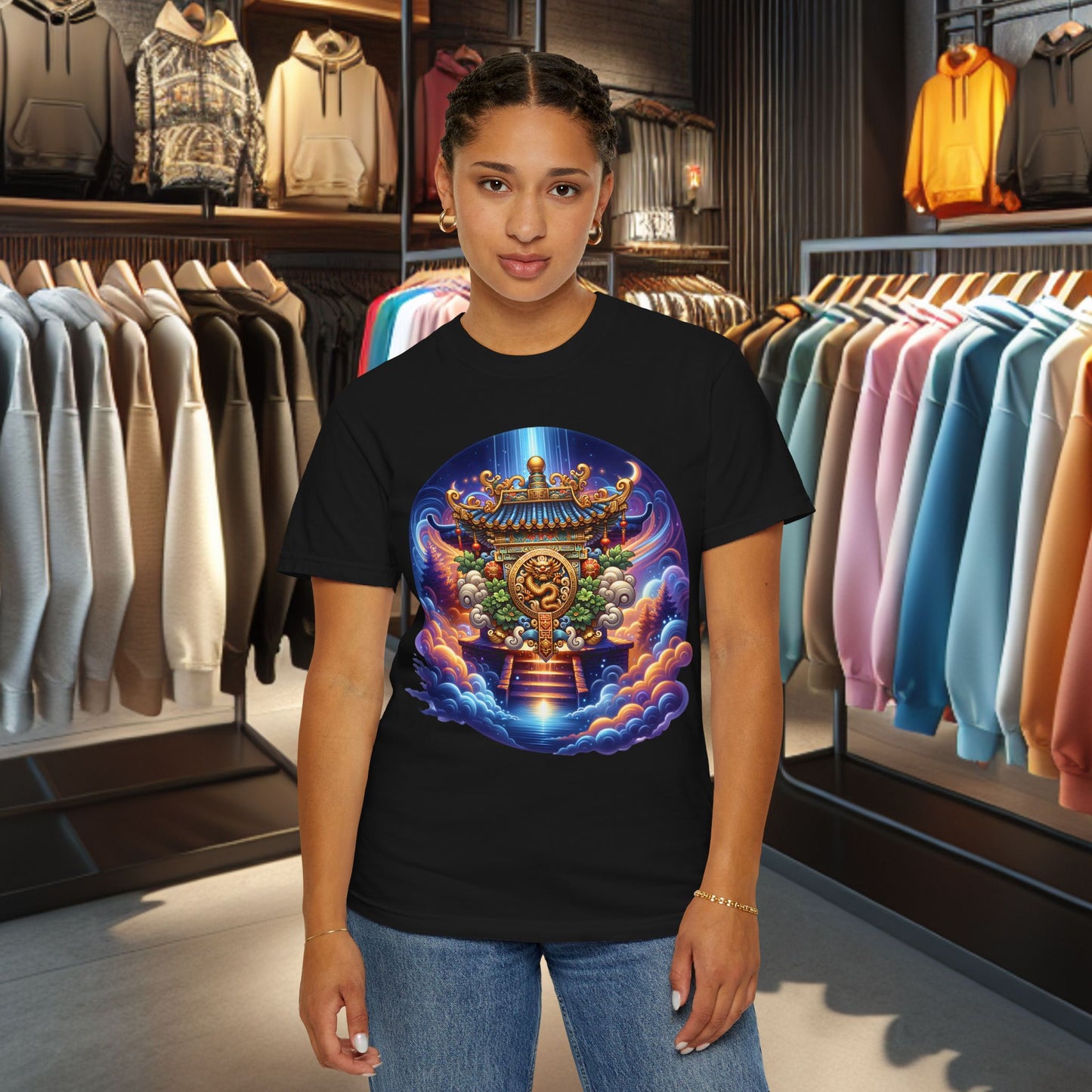 A Vibrant Mistic Temple Design -Unisex Garment-Dyed T-Shirt Perfect for Festivals & Everyday Wear