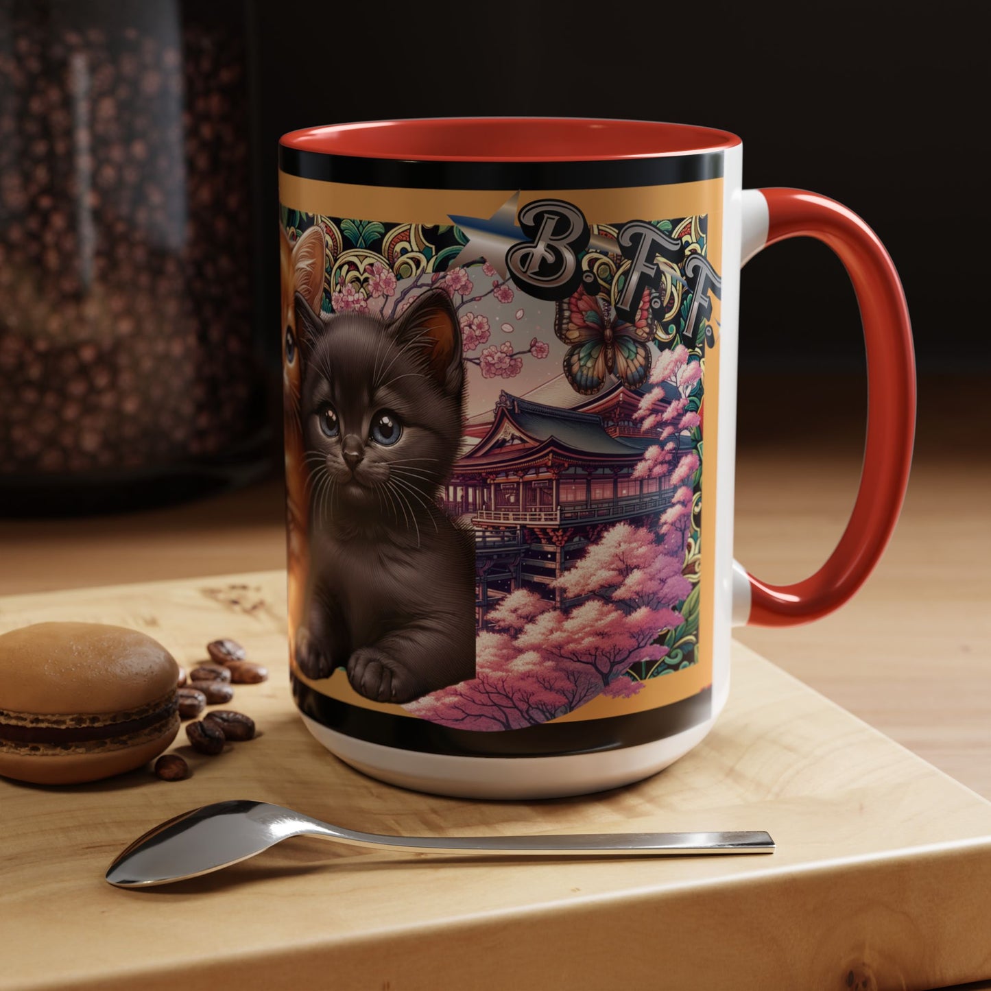 Mug - 3 B F F kittens and Butterflies Coffee Mug with Cherry Blossoms