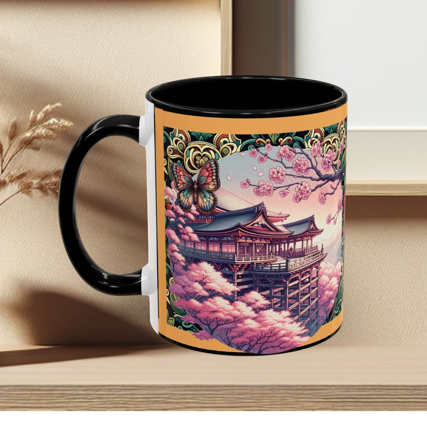 Mug - Sakura Butterfly Coffee Mug with Cherry Blossoms and a Rose