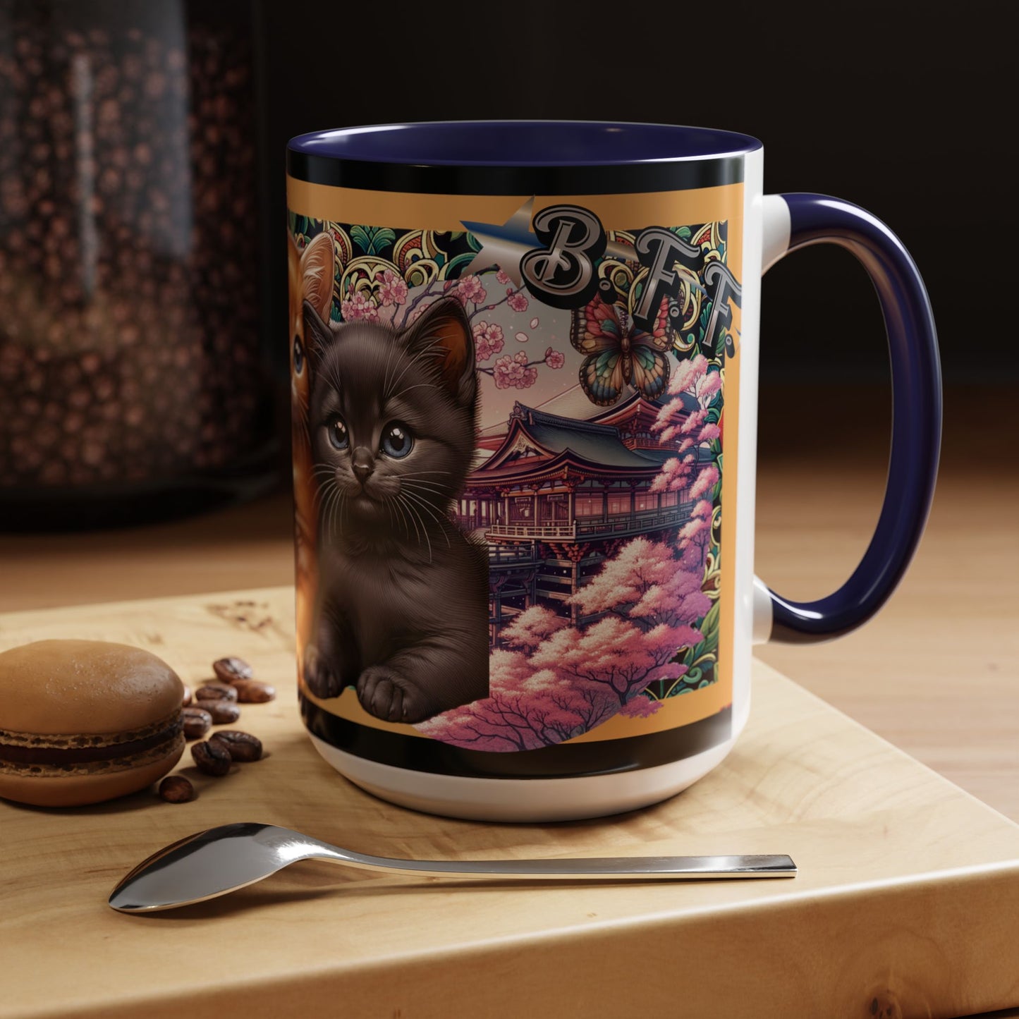 Mug - 3 B F F kittens and Butterflies Coffee Mug with Cherry Blossoms