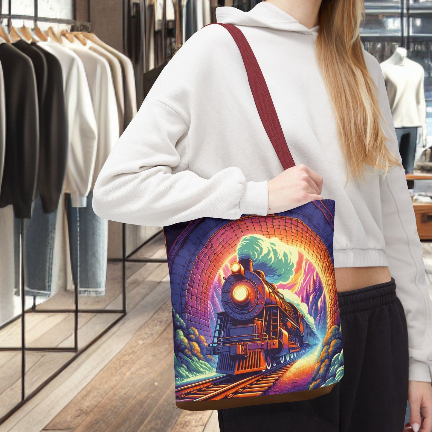 Steam Locomotive Tote Bag (AOP)- Vintage Train Tunnel Design