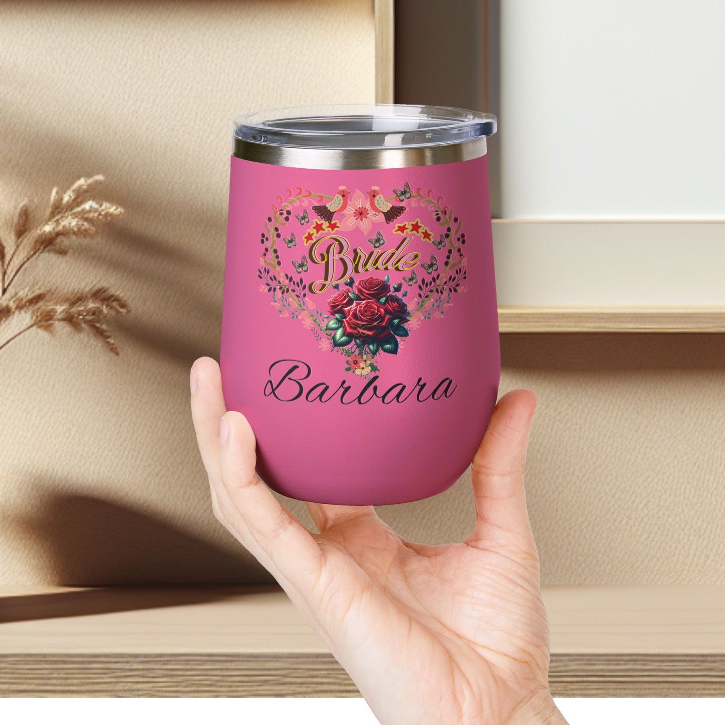 Personalized Bride's Heart Floral Wine 12oz Tumbler