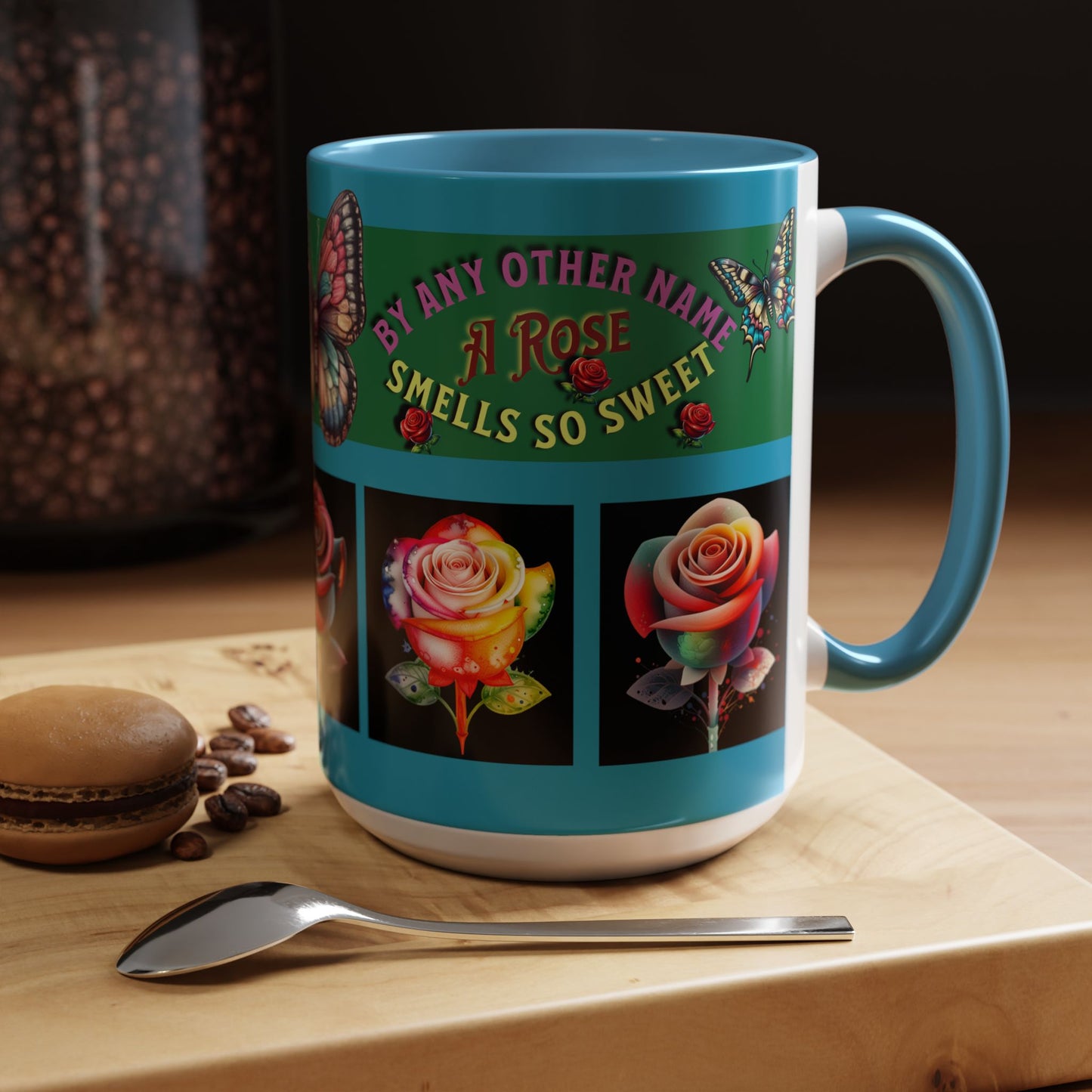Blue Mug - Floral Butterfly Accent Coffee Mug - 'By Any Other Name A Rose Smells So Sweet'