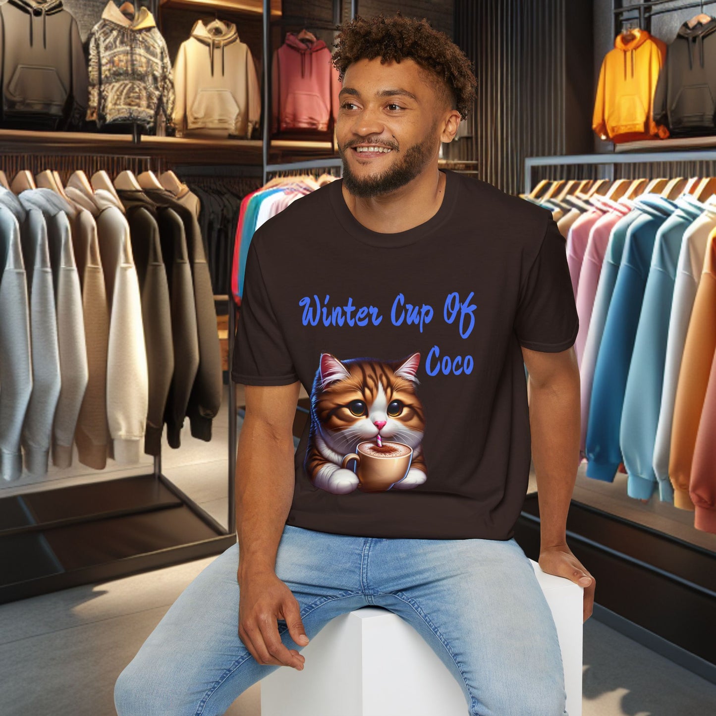 a Cat Sipping on a Cup Of Coco Unisex T-Shirt - Winter Coco