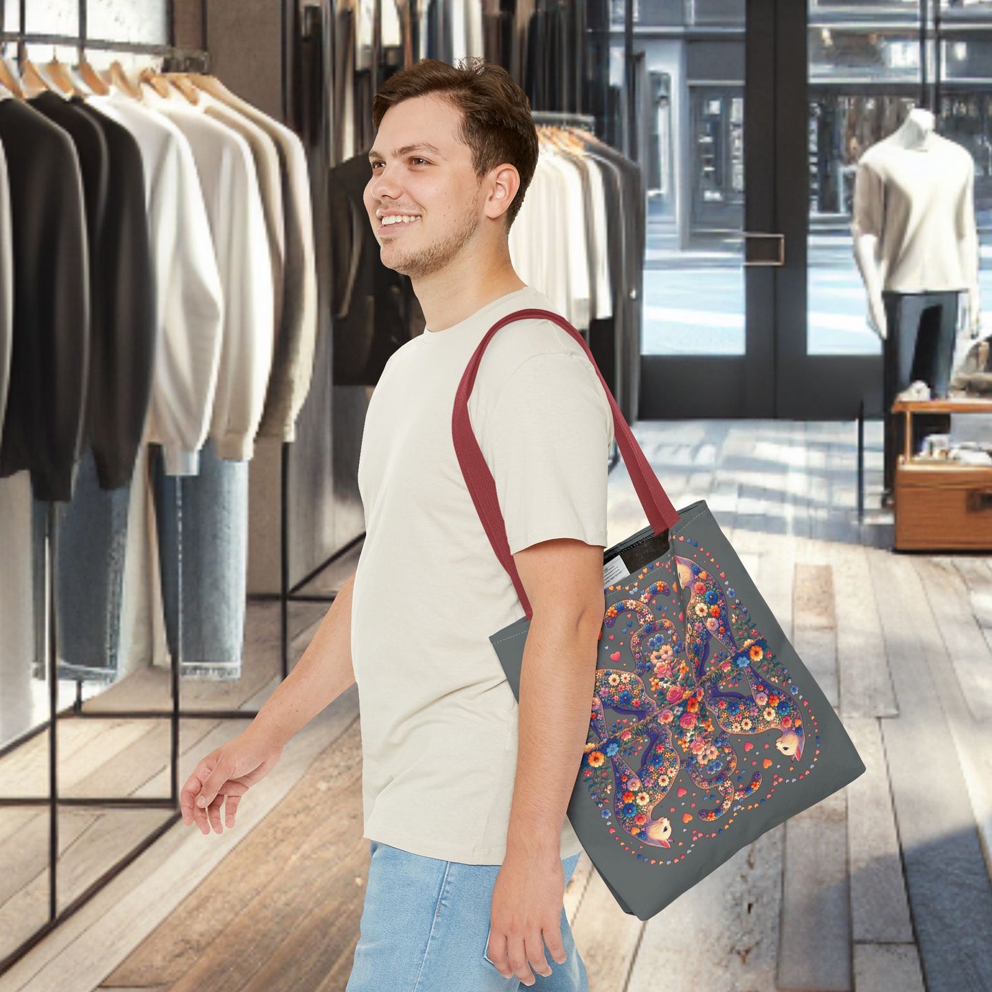 Mosaic Loving Cat Dark Gray Tote Bag (AOP)