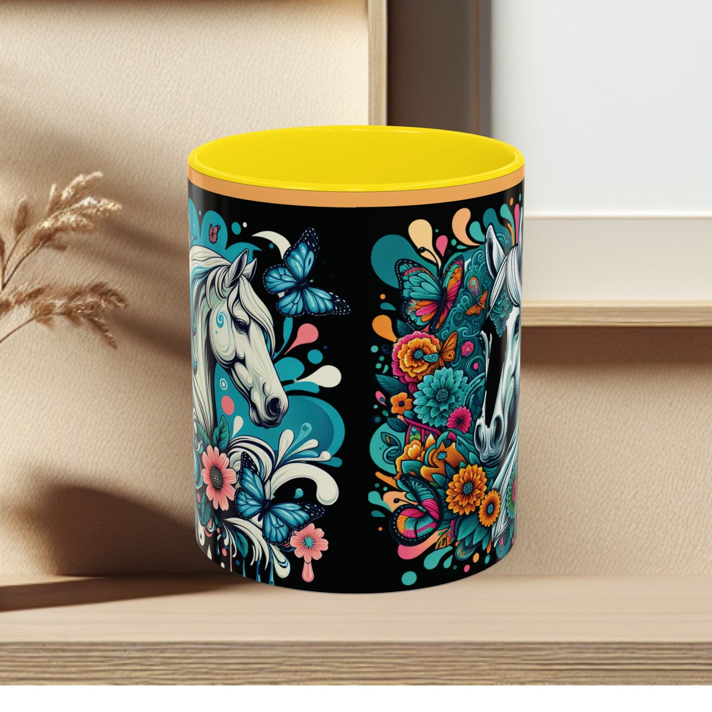 Coffee Mug White Horses with Blue Highlights in Flowers - Mug