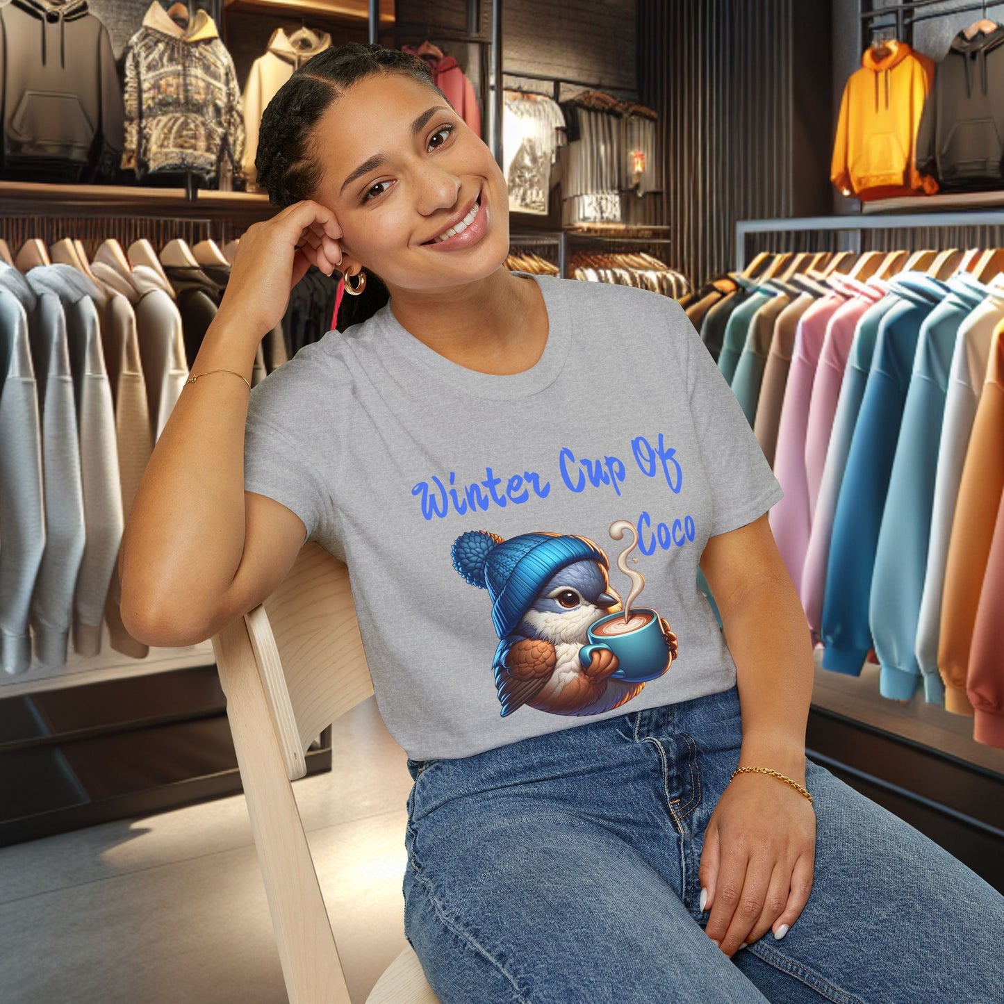 Blue Bird With a Cup Of Coco Unisex T-Shirt - Winter Coco