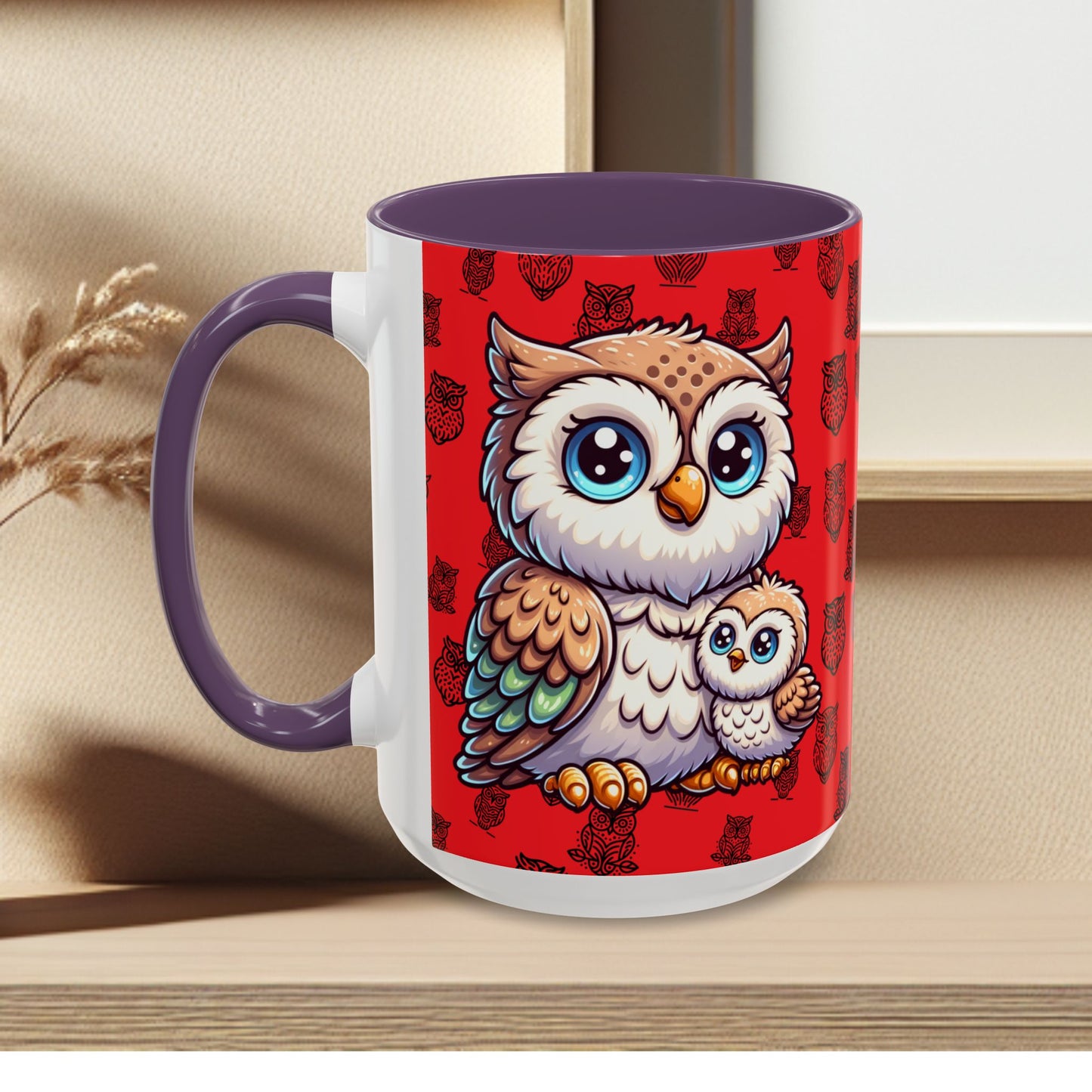 Red Coffee Mug - Owl Family - Colorful Inspirational Owl Design