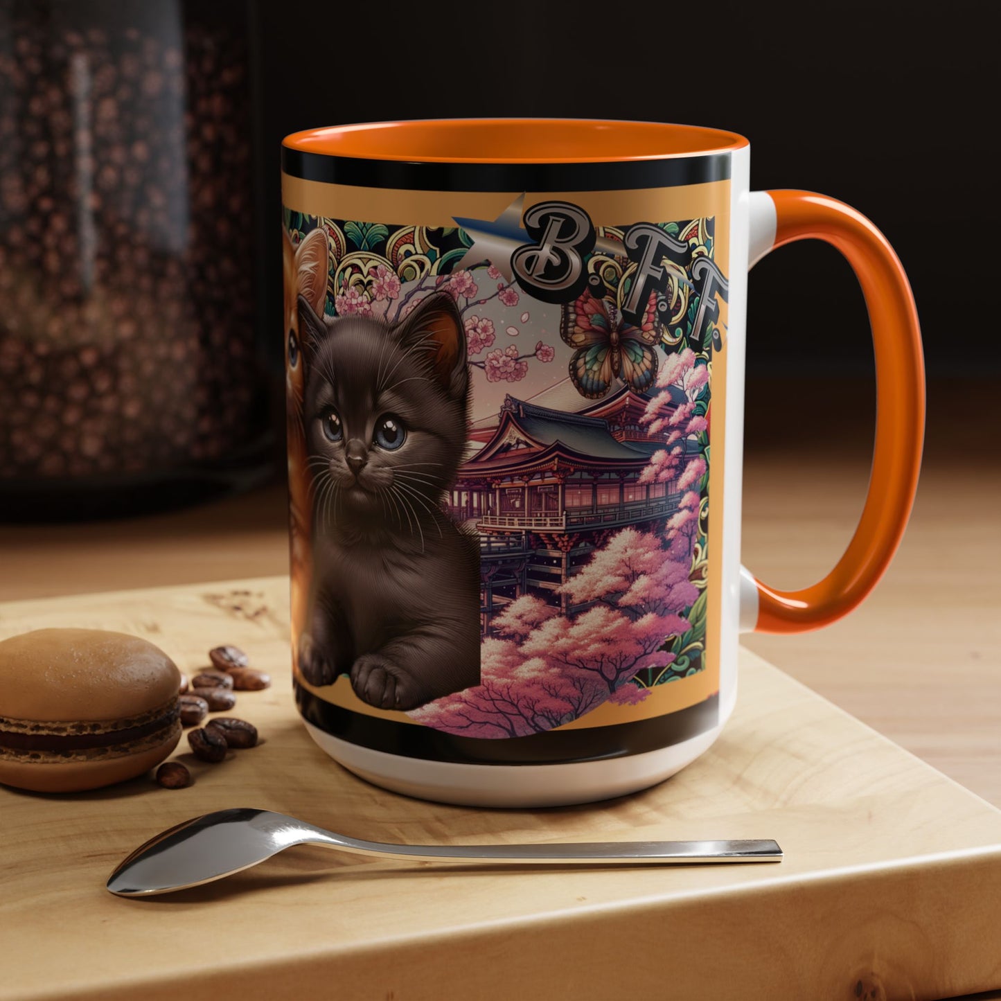 Mug - 3 B F F kittens and Butterflies Coffee Mug with Cherry Blossoms