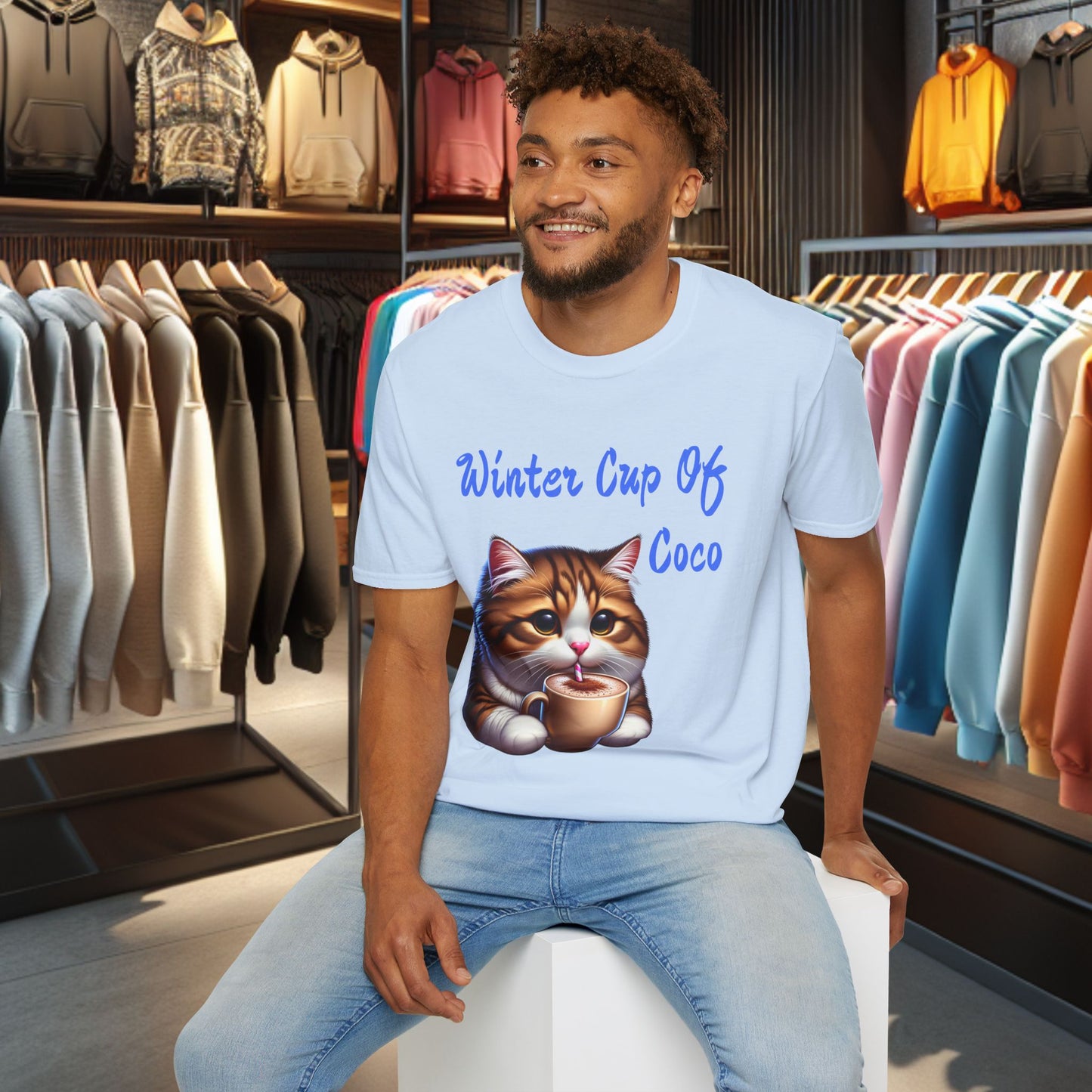 a Cat Sipping on a Cup Of Coco Unisex T-Shirt - Winter Coco
