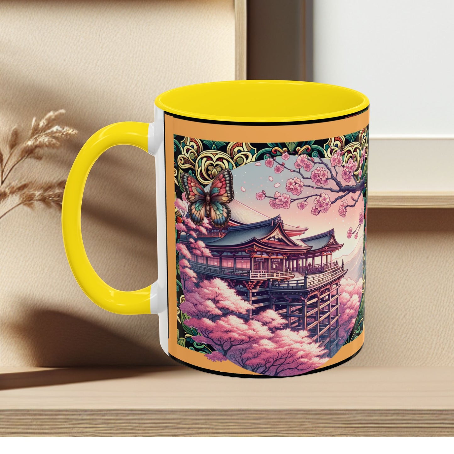 Mug - Sakura Butterfly Coffee Mug with Cherry Blossoms and a Rose