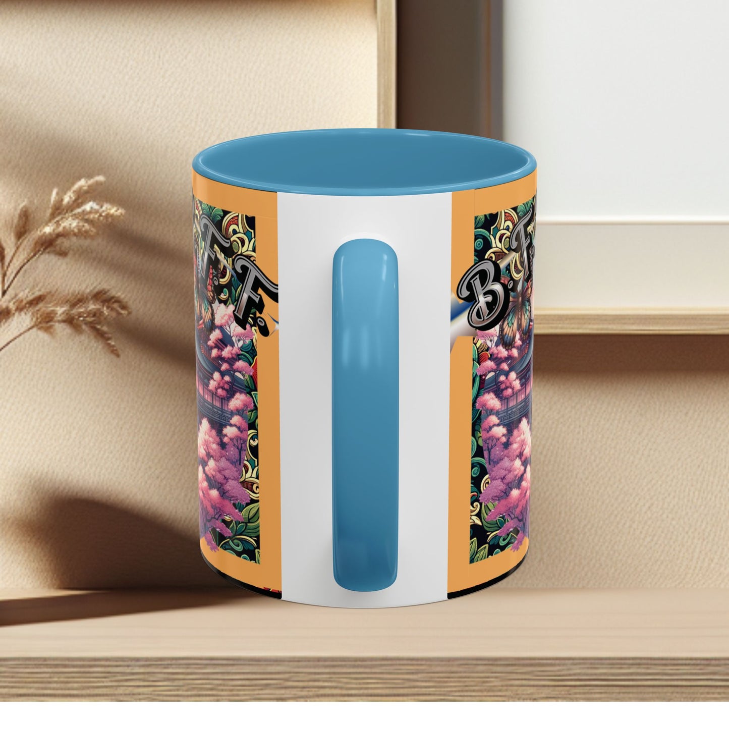 Mug - 3 B F F kittens and Butterflies Coffee Mug with Cherry Blossoms
