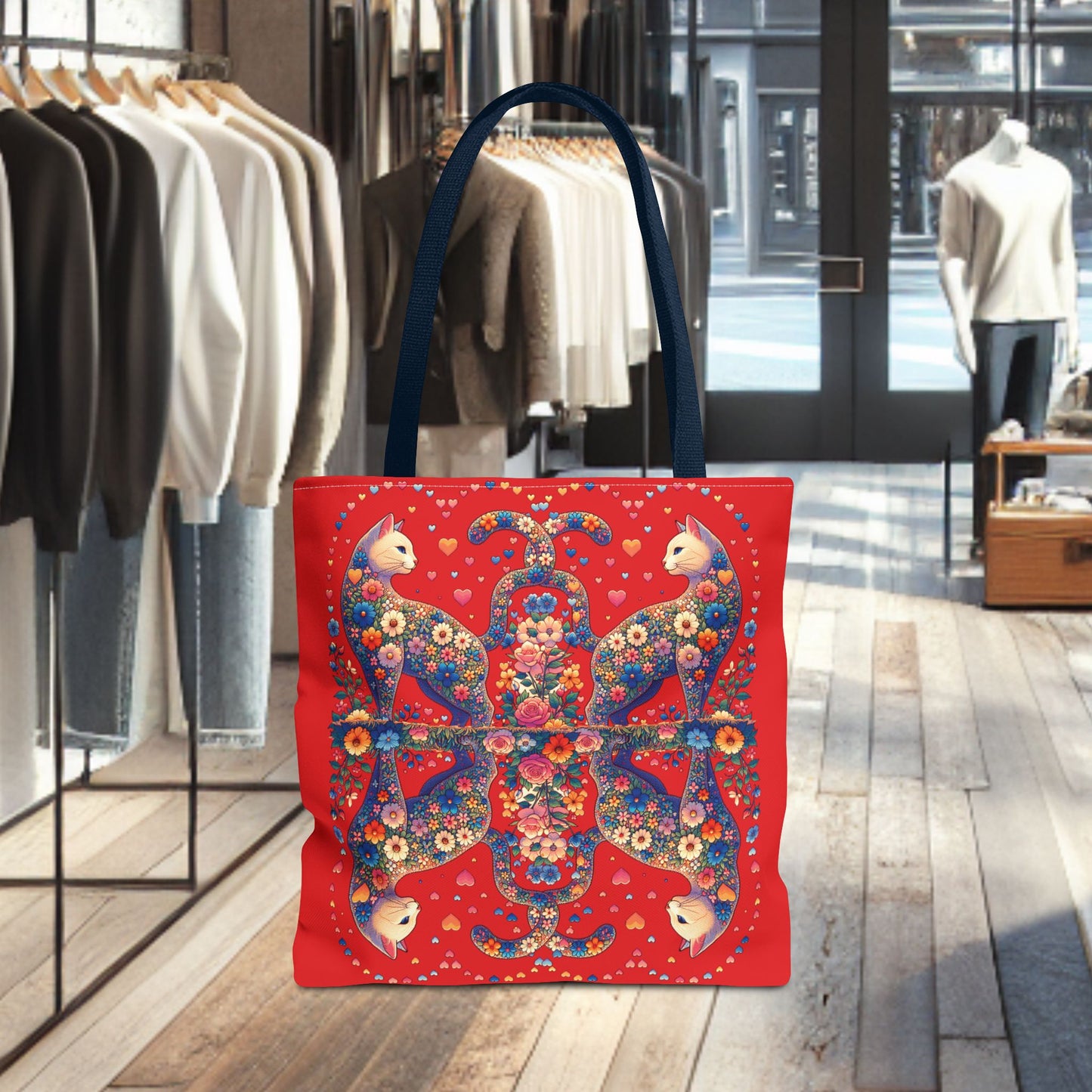 Loving Cat Flower Mozaic Tote Bag Dark Red
