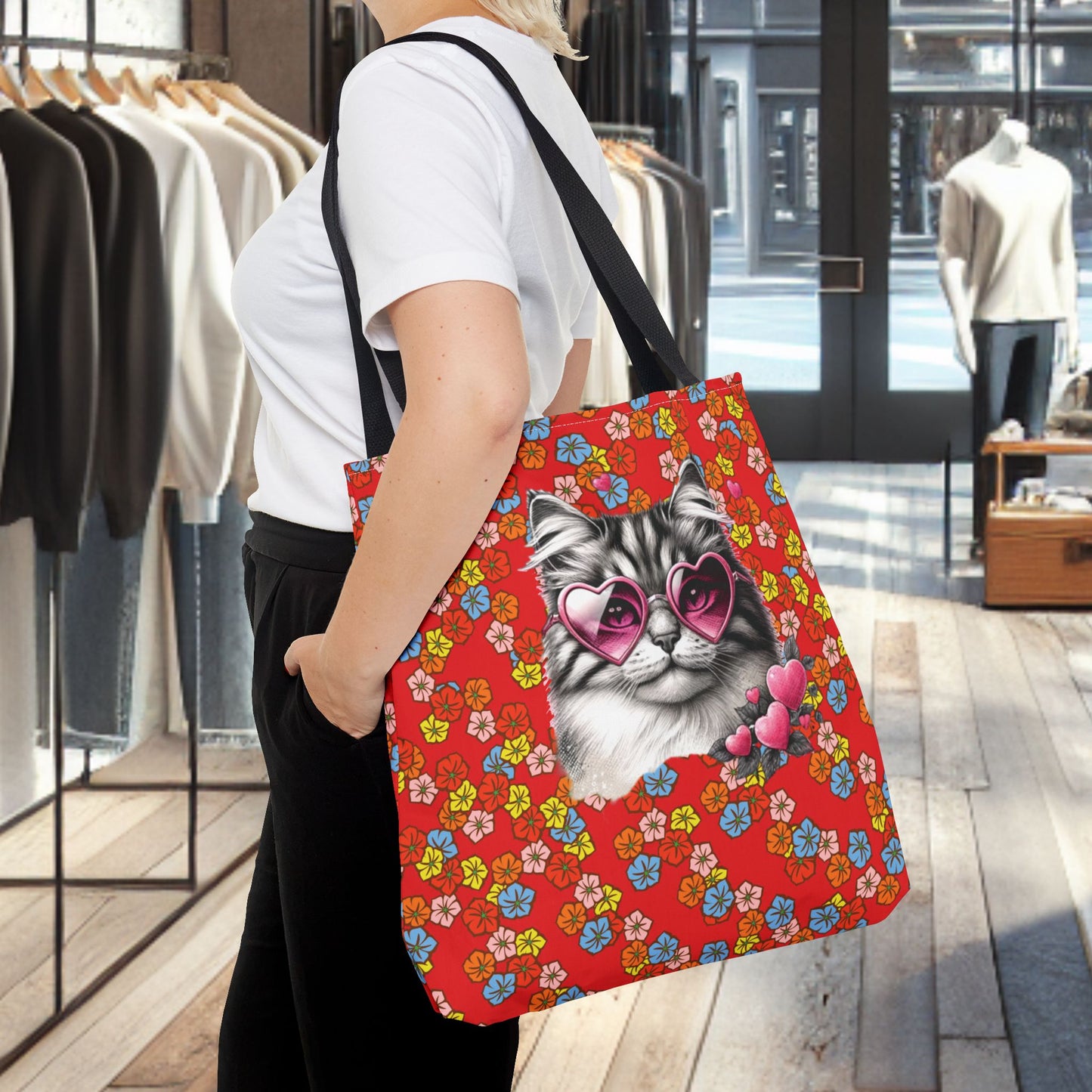Kitty Ride Tote Bag with Flowered Red Design