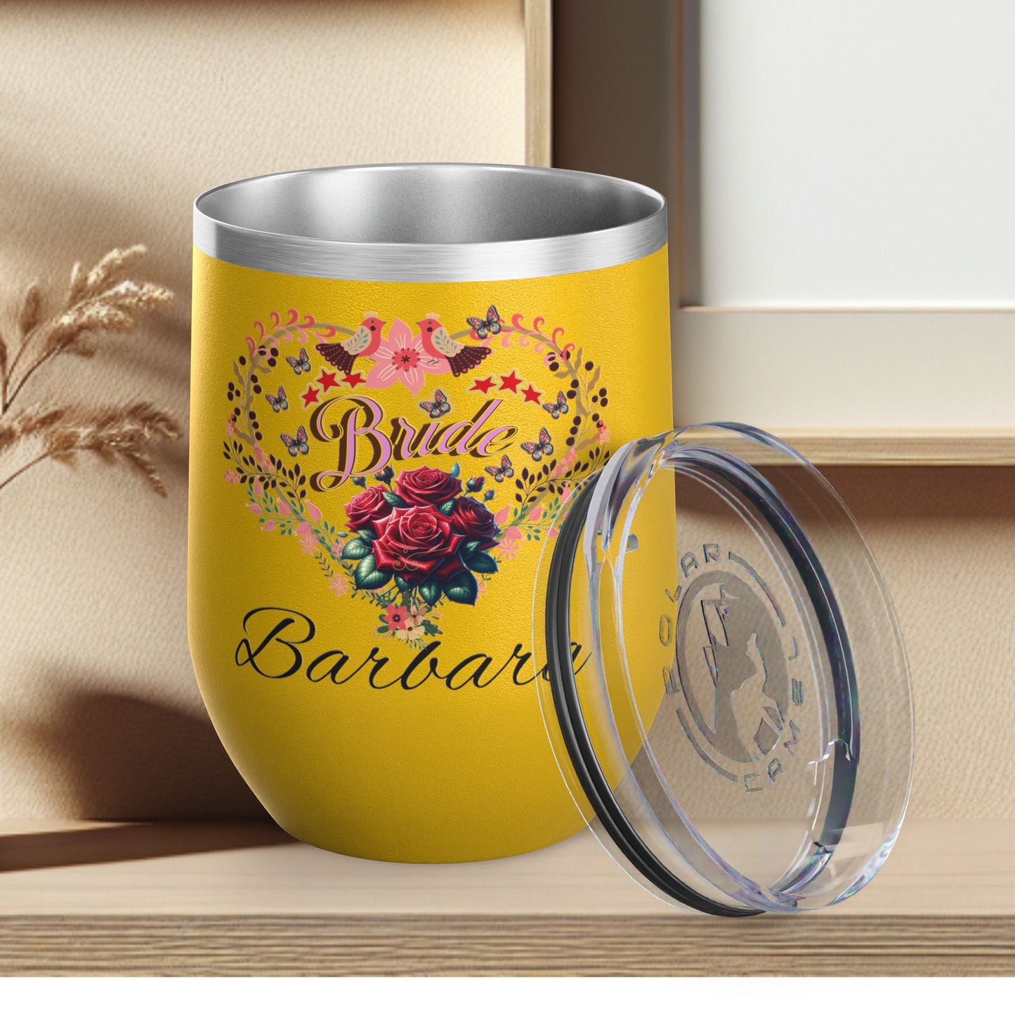 Personalized Bride's Heart Floral Wine 12oz Tumbler