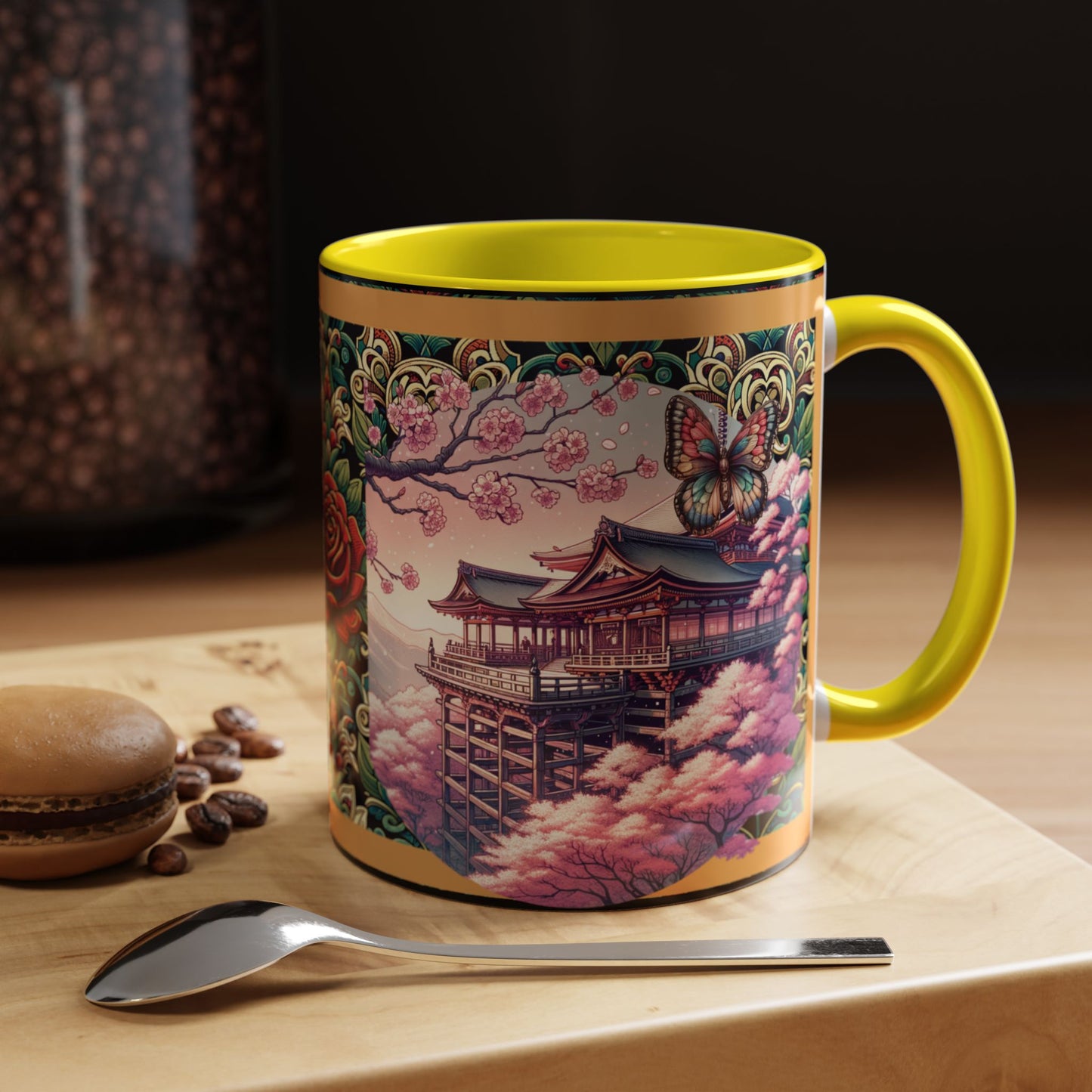 Mug - Sakura Butterfly Coffee Mug with Cherry Blossoms and a Rose