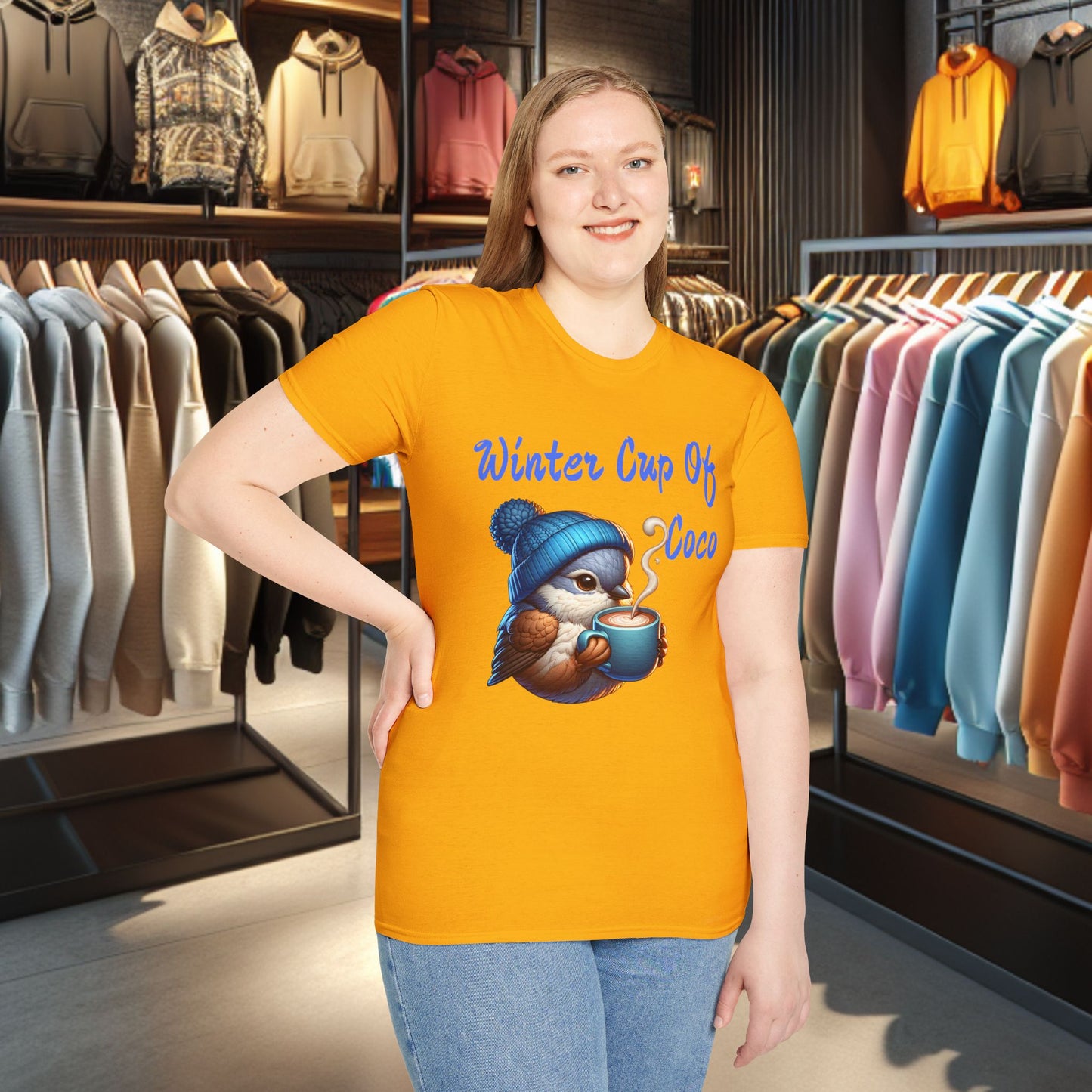 Blue Bird With a Cup Of Coco Unisex T-Shirt - Winter Coco