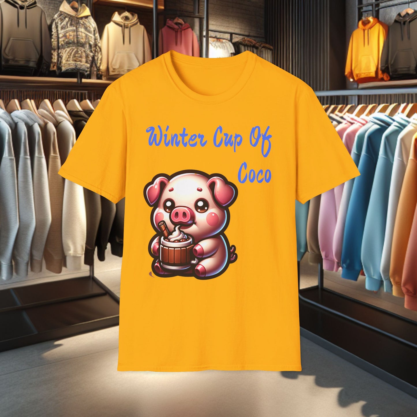 Pig Sipping on a Cup Of Coco Unisex T-Shirt - Winter Coco
