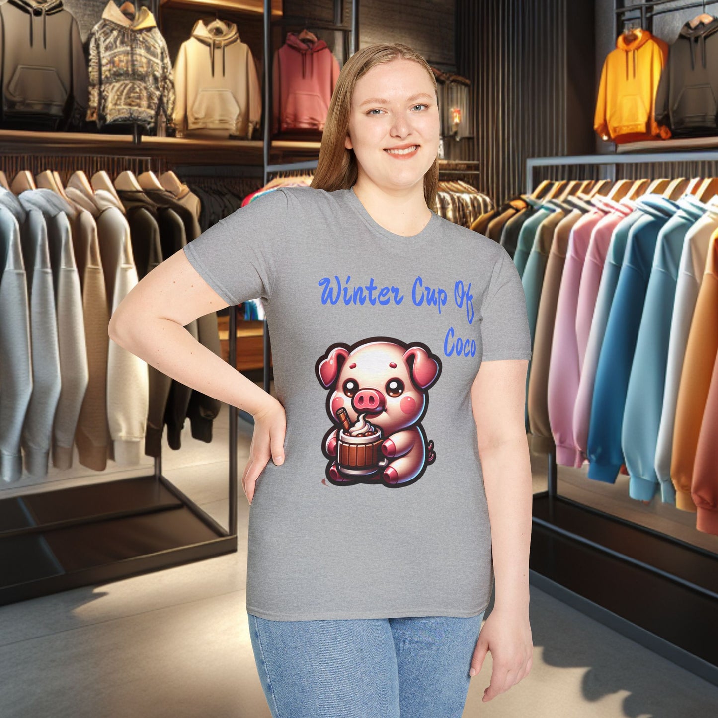 Pig Sipping on a Cup Of Coco Unisex T-Shirt - Winter Coco