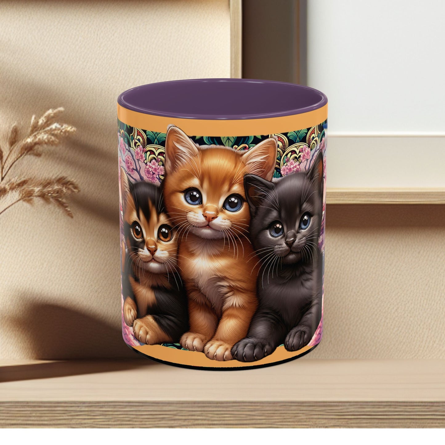 Mug - 3 B F F kittens and Butterflies Coffee Mug with Cherry Blossoms