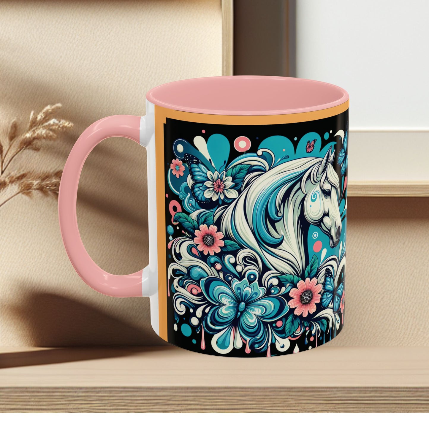 Coffee Mug White Horses with Blue Highlights in Flowers - Mug