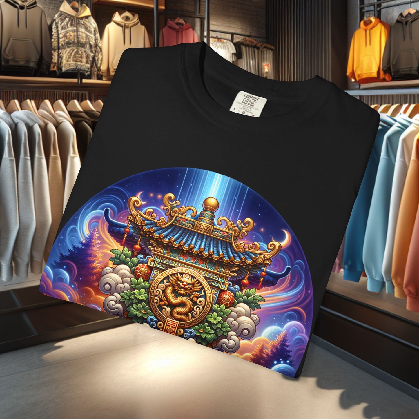 A Vibrant Mistic Temple Design -Unisex Garment-Dyed T-Shirt Perfect for Festivals & Everyday Wear