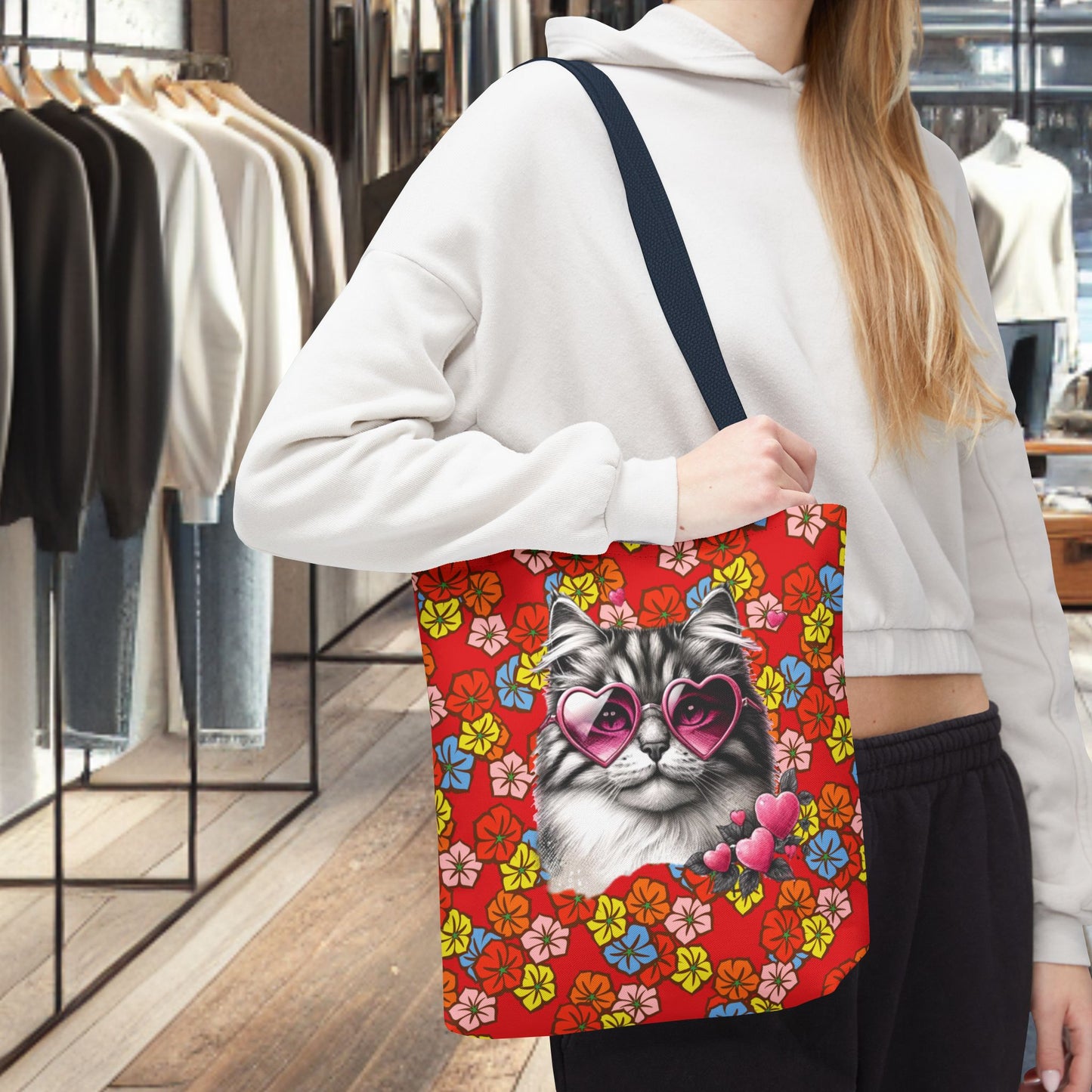 Kitty Ride Tote Bag with Flowered Red Design