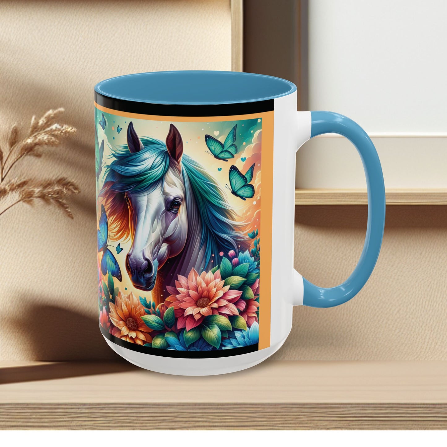 Coffee Mug Horses, Flowers, and Butterflies Mug