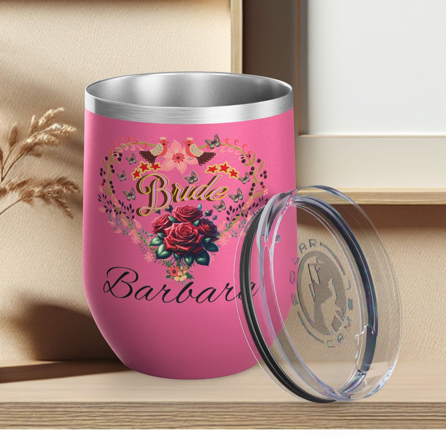 Personalized Bride's Heart Floral Wine 12oz Tumbler