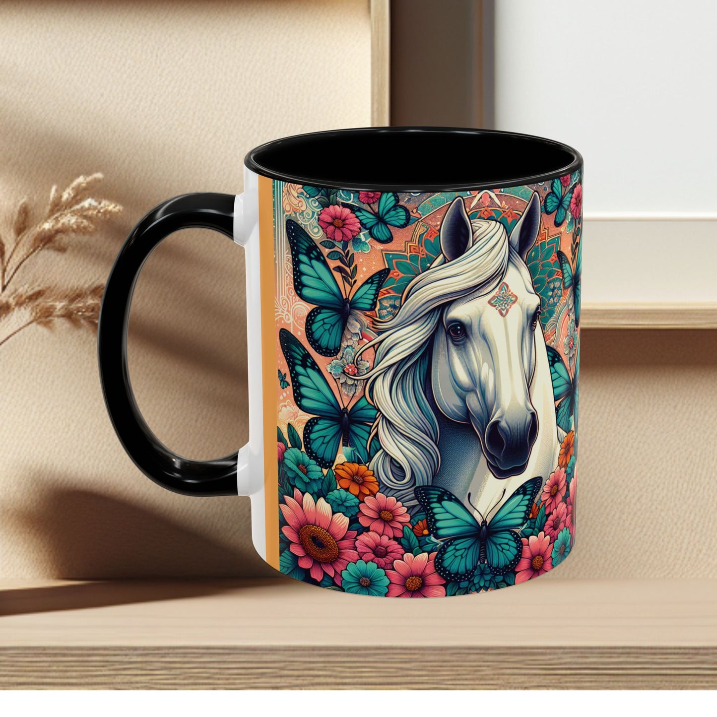 Coffee Mug Horses, Flowers, and Butterflies Mug