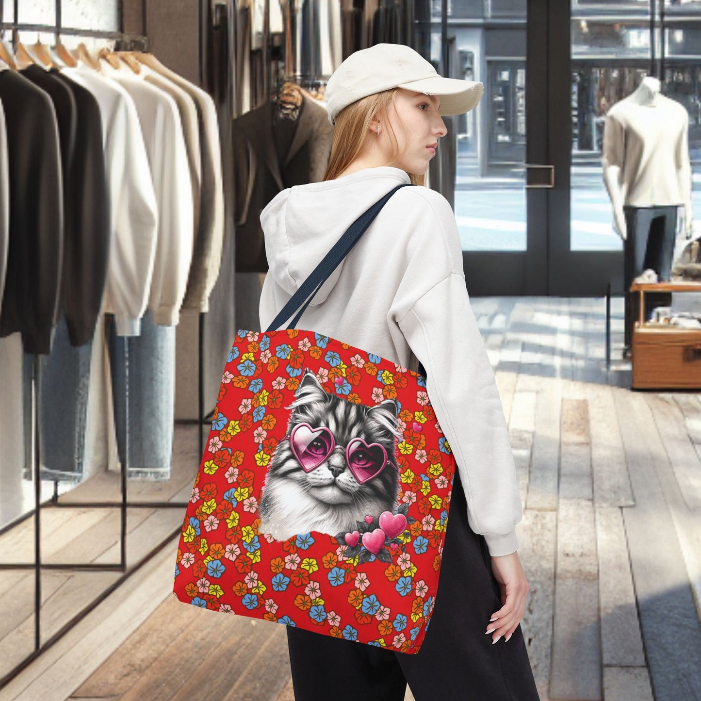 Kitty Ride Tote Bag with Flowered Red Design