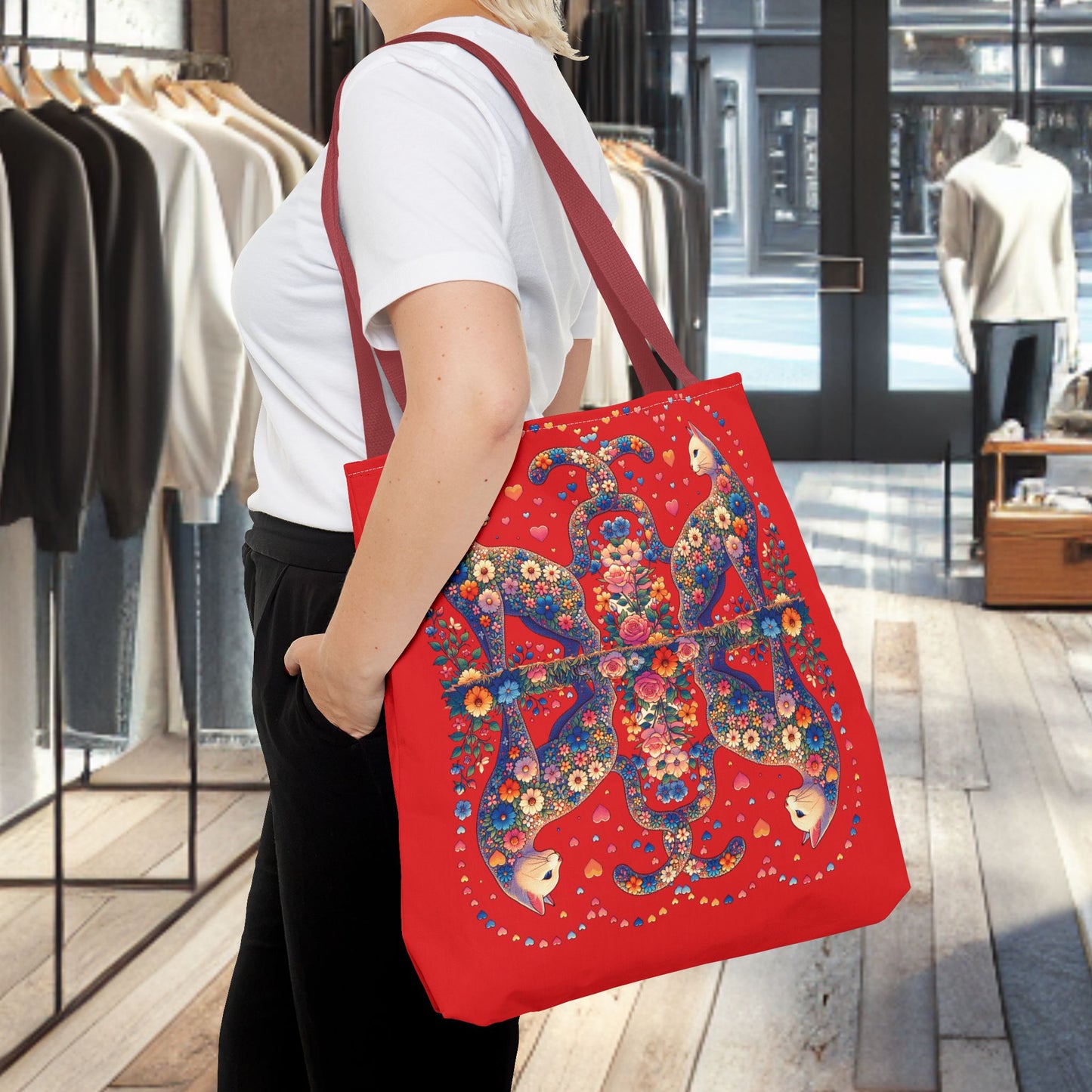 Loving Cat Flower Mozaic Tote Bag Dark Red