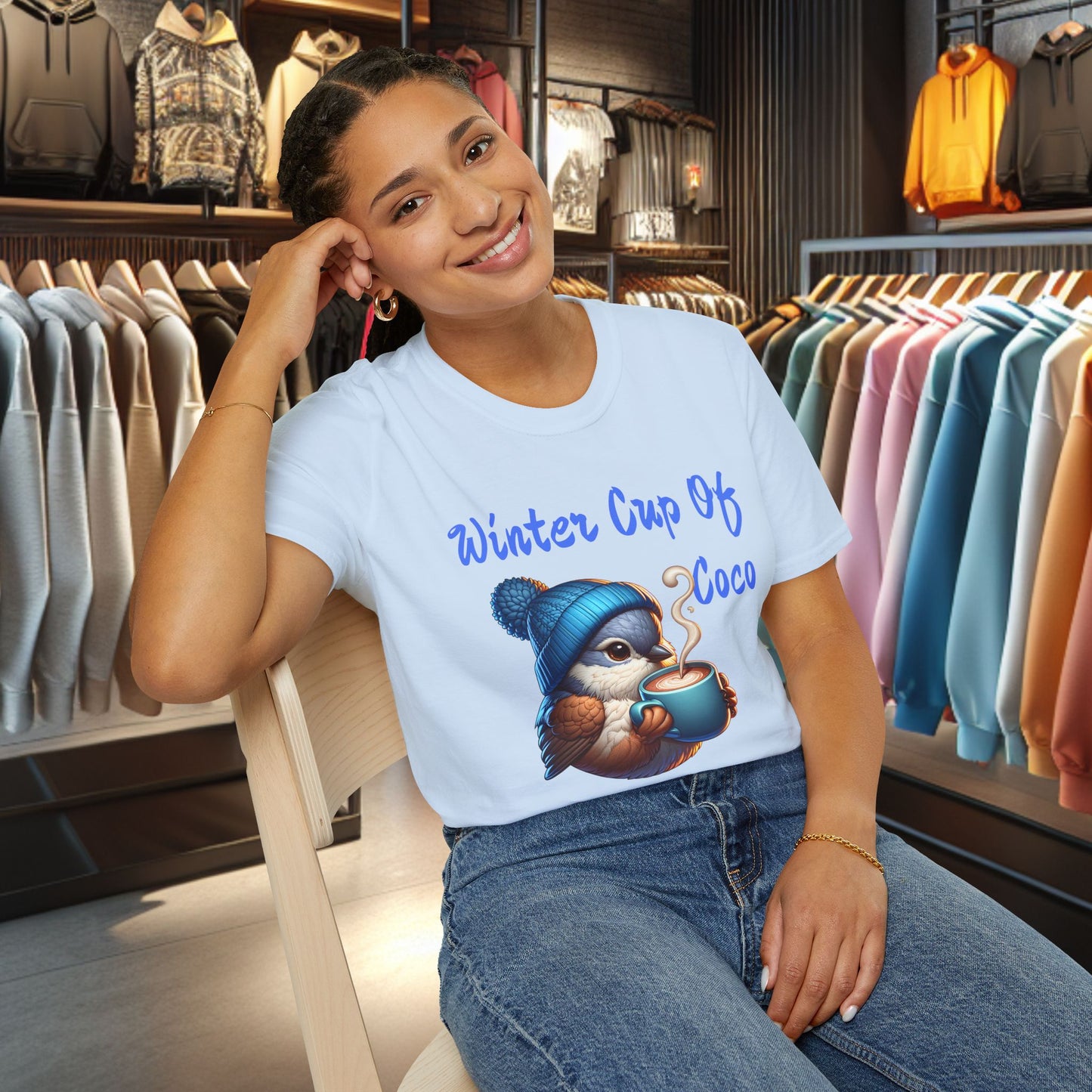 Blue Bird With a Cup Of Coco Unisex T-Shirt - Winter Coco