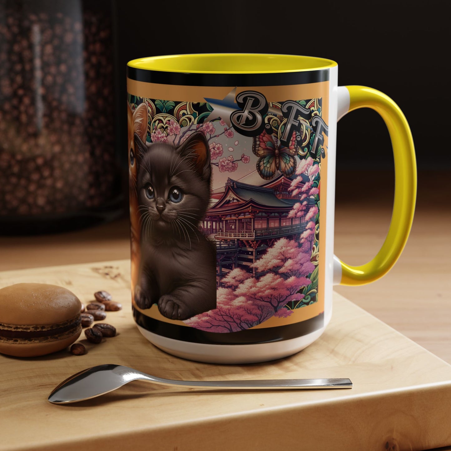 Mug - 3 B F F kittens and Butterflies Coffee Mug with Cherry Blossoms