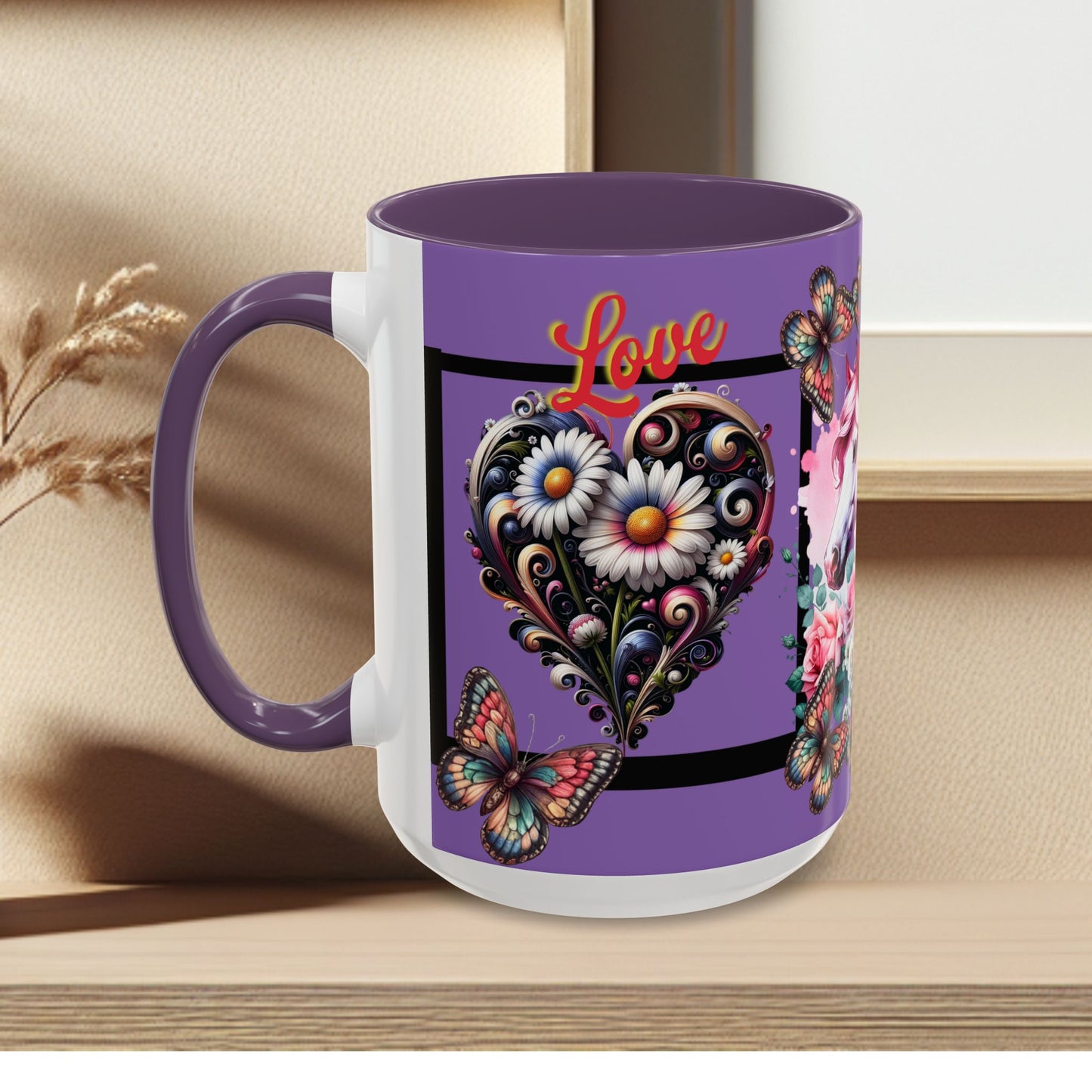 Love Coffee Mug - Vibrant Heart & Horse- Design, 11oz & 15oz