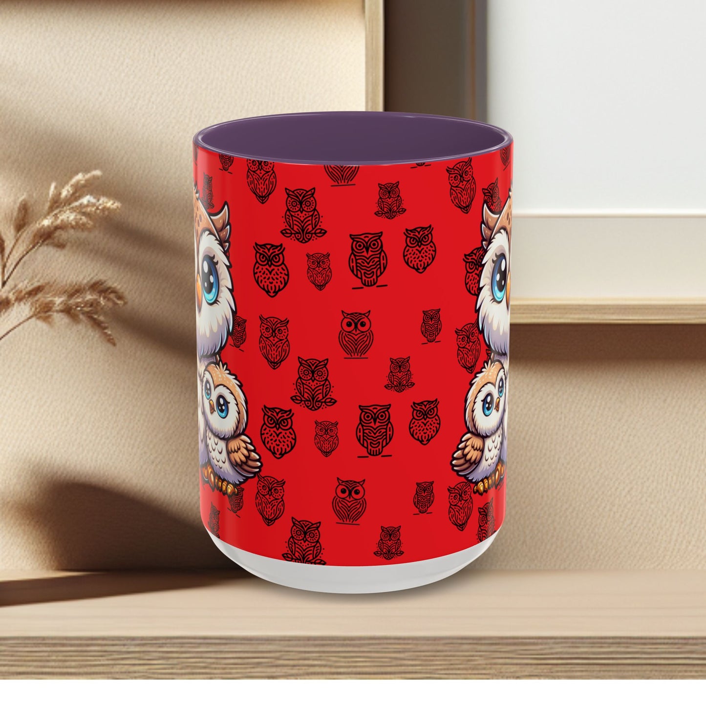 Red Coffee Mug - Owl Family - Colorful Inspirational Owl Design
