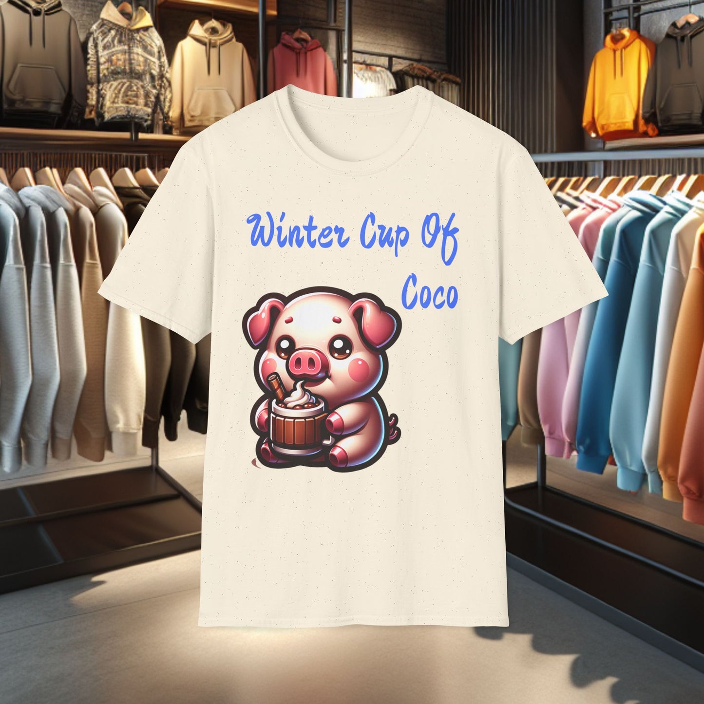 Pig Sipping on a Cup Of Coco Unisex T-Shirt - Winter Coco