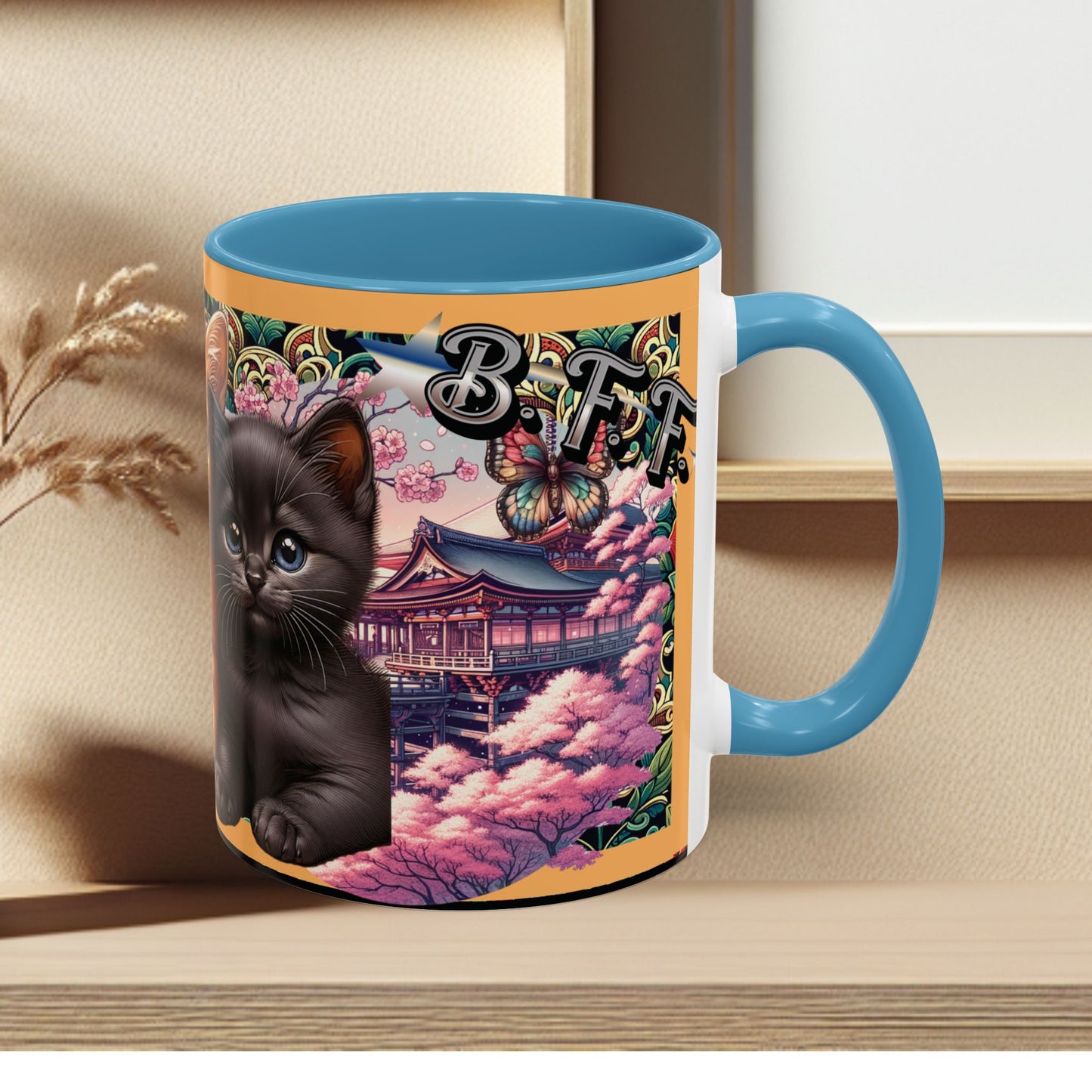 Mug - 3 B F F kittens and Butterflies Coffee Mug with Cherry Blossoms